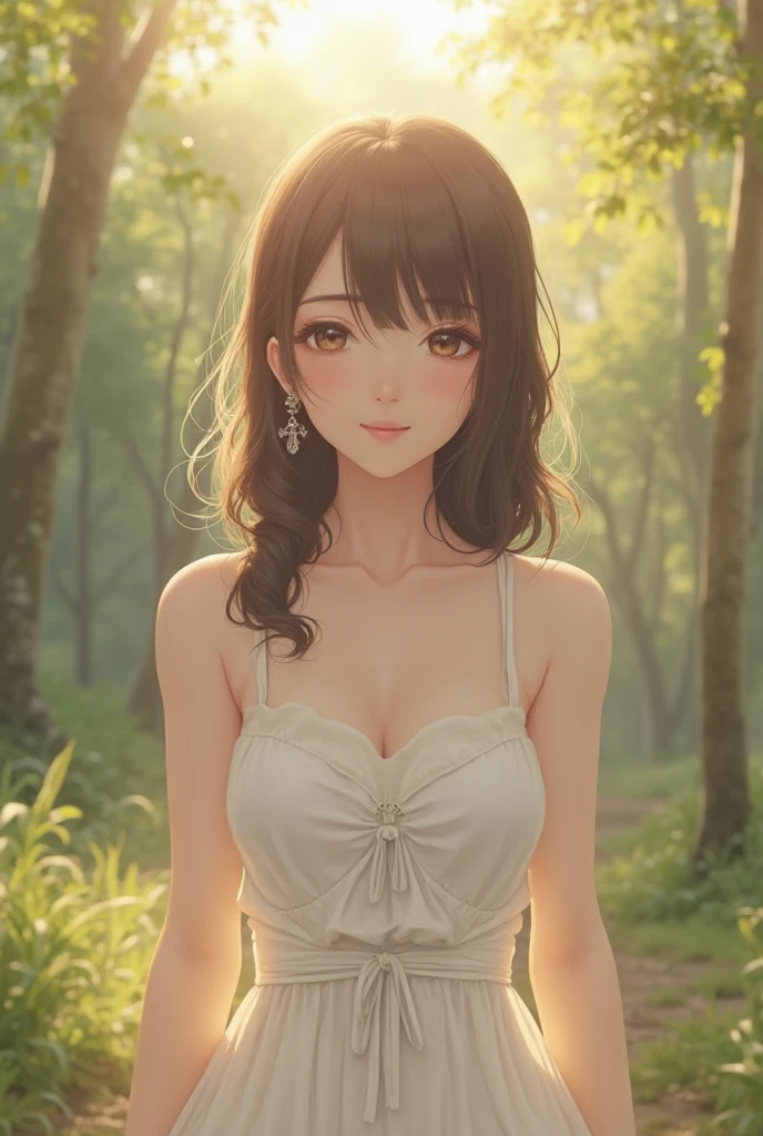 cute, アイドルのようにcute少女、Smiling Kindly、height: 150cm、Medium sized breasts、Cleavage、Forest Park、Natural light、RAW Photos、Genuine、Live Action、realism、masterpiece、RAW Photos、High resolution