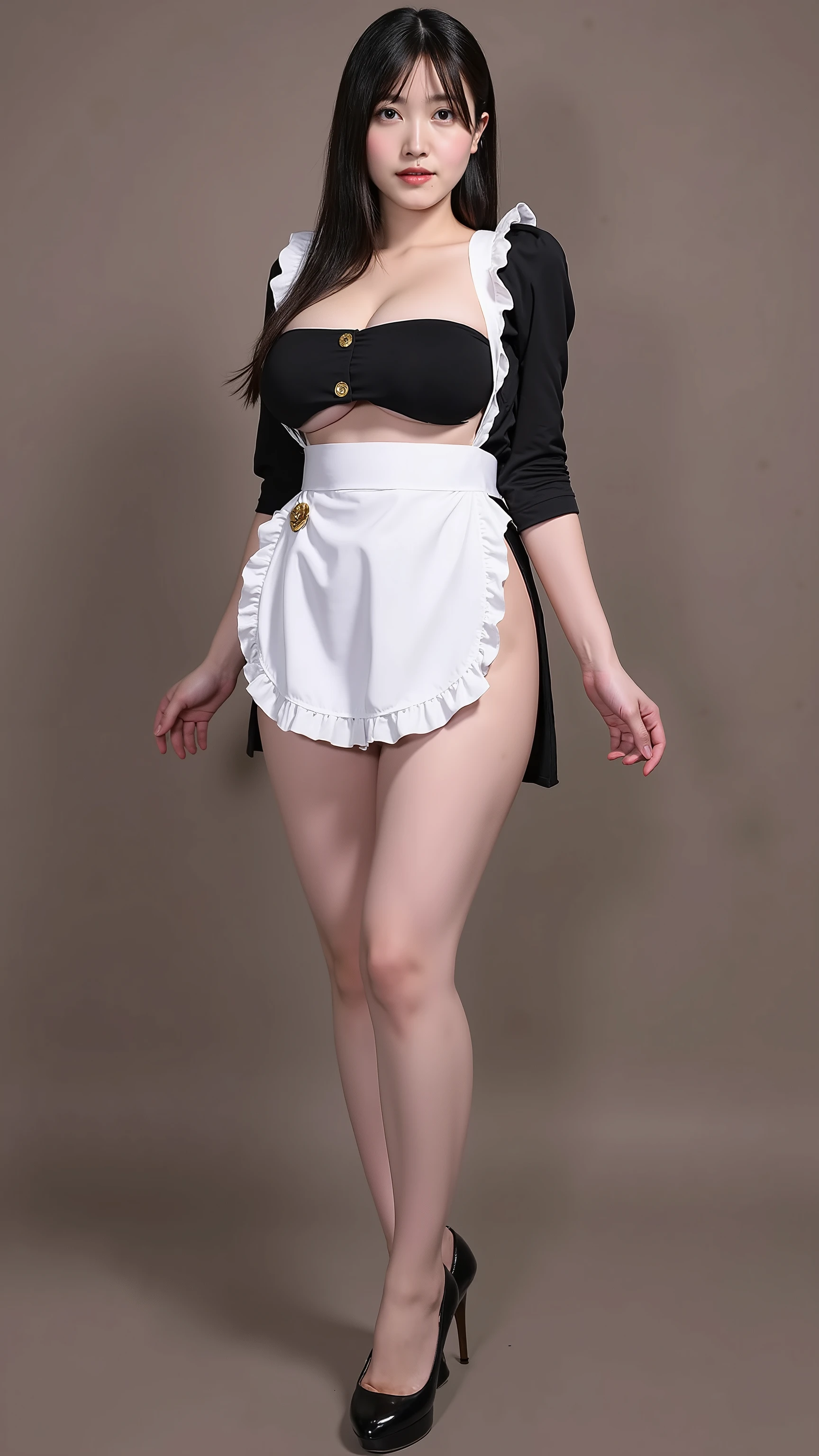 nsfw,8K, RAW photo, (masterpiece, best quality, photorealistic, ultra high resolution, ultra-detailed:1.4), 1girl, beautiful, idol, matchless beauty, (hyperrealistic, professional photograph:1.4),simple background,(Maid wearing SexyMaidCostume), Statuesque,Leggy,((large breasts))