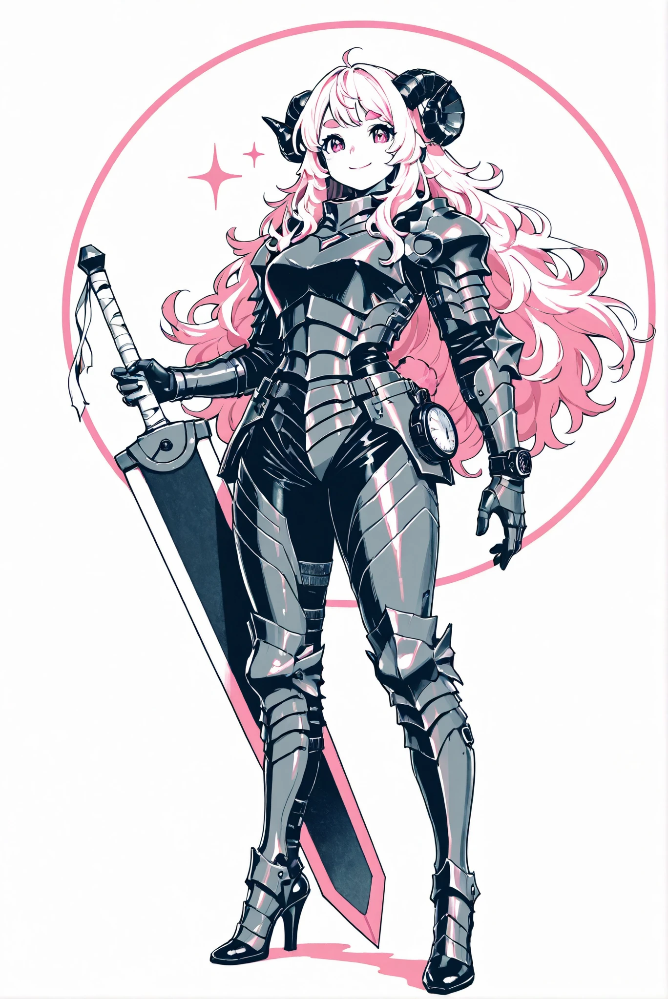 ( stands,full body,high heels,front view,Standing picture,white background:1.7),HoleHeels,oval/Circle/Thorn/Horn Heels,,limited palette,Colorful,Bright Color,flashing silhouette,neon,black light ,watch, masterpiece, Very Beautiful,, ( 1girl , Pink Fluffy Long Hair, Gentle Thick Eyebrows: 1.1, Round Lamb Horn, Curvy :1.2, Beautiful eyes like jewelry, Your eyes sparkle, Beautiful long eyelashes :1.3, Eye-Fixed , Smile) ,, courage_armor, 黑色armor, full bodyarmor, 龍殺手之sword-II.v1.0, holding - dragon slayer, Giant Weapon, sword, holding sword, Handheld,