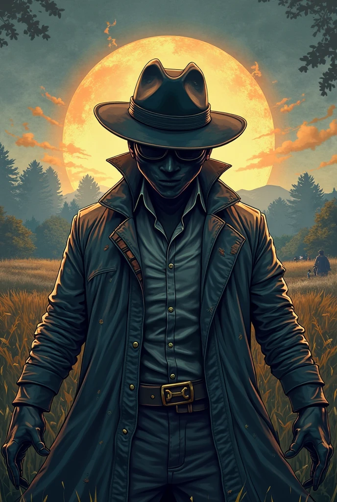 A remote farm, scarecrow standing tall in the cornfield, in darkness of the night, its eyes glowing with an unnatural light --auto