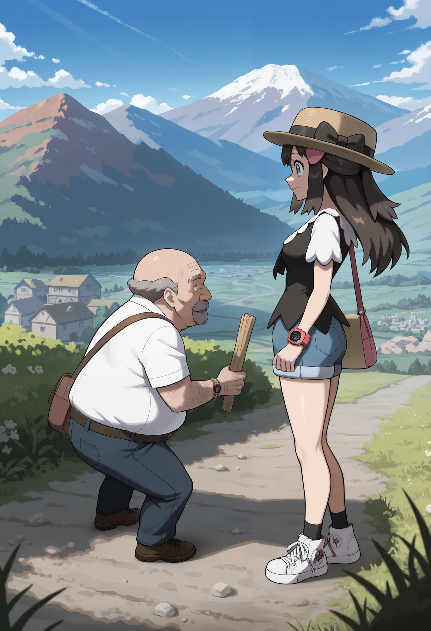 masterpiece, best quality, amazing quality, very aesthetic, absurdres, newest, scenery,highly detailed,high-resolution,low-angle shot,female,woman,dawn/hikari,pokemon diamond pearl,dark-navy hair,long hair,aquamarine eyes,fair skin,glossy texture,pink lips,A straw boater hat with a black ribbon, a white summer short-sleeved loose blouse with embroidered details, blue denim shorts with a faded look, black and white high-top converse sneakers, a woven straw shoulder bag, a red wristwatch, and multiple colorful bracelets, mountainous mt. Coronet background,full body,focused subject,sharp focus,medium depth of field,chatting by the steep mountainous road,from the side, side view,clean lines,smooth lines,sharp,masterpiece, best quality, amazing quality, very aesthetic, absurdres, newest, scenery, BREAK, eyesHD, detailed eyes, high definition, BREAK, (sexy time with a fat very ugly ugly bald hiker middle-aged burly dude wearing hiker gears get-up), old man seem to forcefully chatting with dawn, burly fat old dude is beardy, with a middle-aged man, old man is bigger, nighttime,