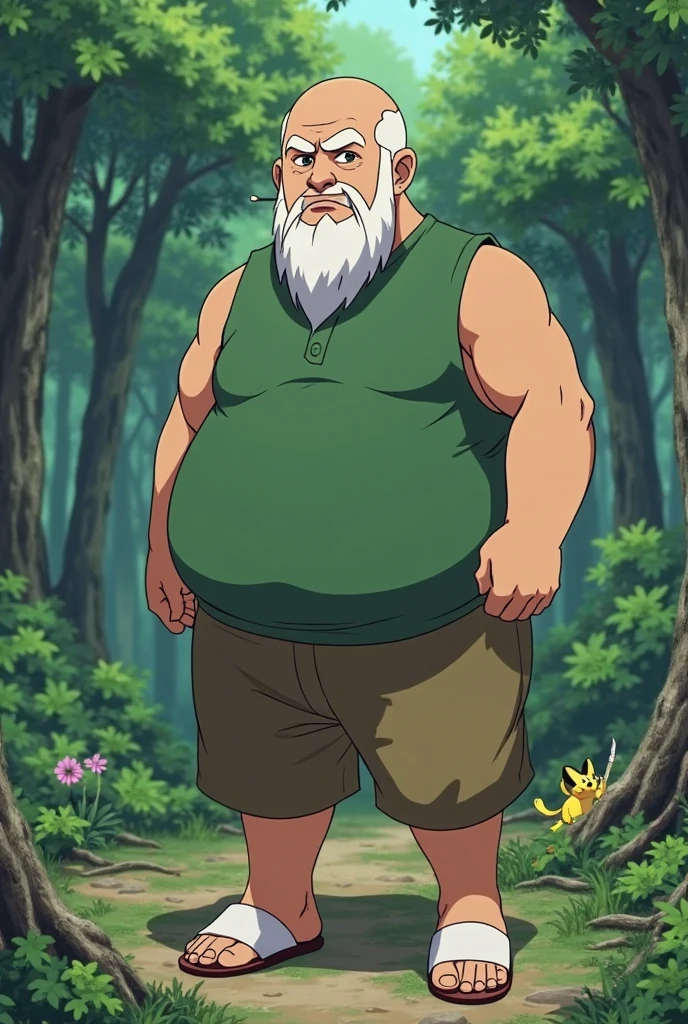 a rugged, middle-aged, overweight character in a limited color scheme with vibrant colors. This character has a simple, caricatured appearance with oversized arms and small legs, bare feet, and tattered futuristic prison attire. Shackles bind his wrists and legs, and he appears dirty, sweaty, and disheveled, with long unkempt hair, stubble on his cheeks, and an exhausted expression. The character is standing still, gazing ahead in wonder, having just emerged from a dense forest. Capture a full-body shot from an extreme low angle for a cinematic feel.