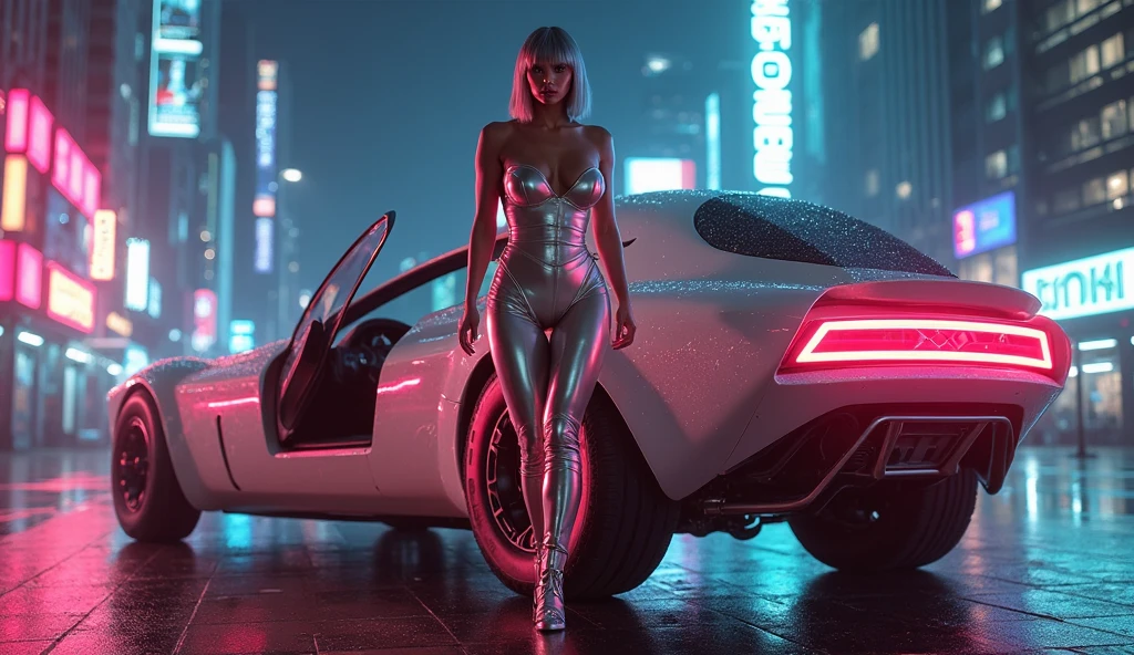 (Wide angle view). Matrix film inspired New York city, simple outlined neon tall buildings, glowing giant clock tower, year 1937 cars, lightning, 3D rendering Beeple. At night, (1girl, solo, alone), photorealistic, large-breast slim:0.6 body, oval:0.5 face, cleavage:1.1, very low angle view of sexy ethereal white dress, deep-v, ((upskirt)), glove, (Matrix style black micro sunglasses), ((aiming viewer with a short gun)), (half-body thigh level close-up shot), cinematic lighting, ray tracing.