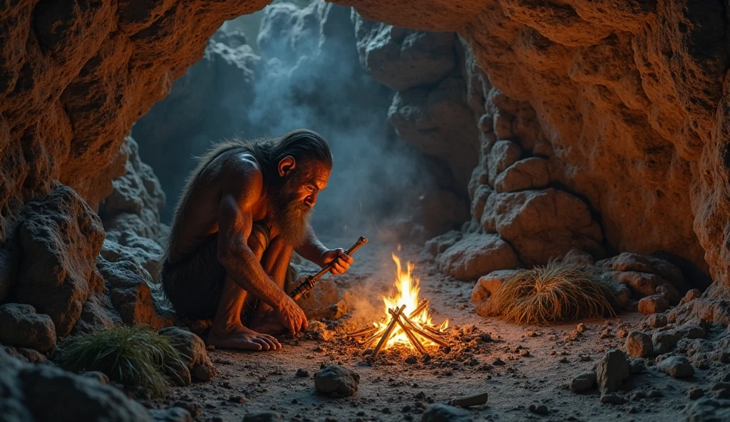 master part, Homem de Neandertal comendo carne, best quality, Hominid feeding, Destaque para as roupas de couro, Pouca luz.