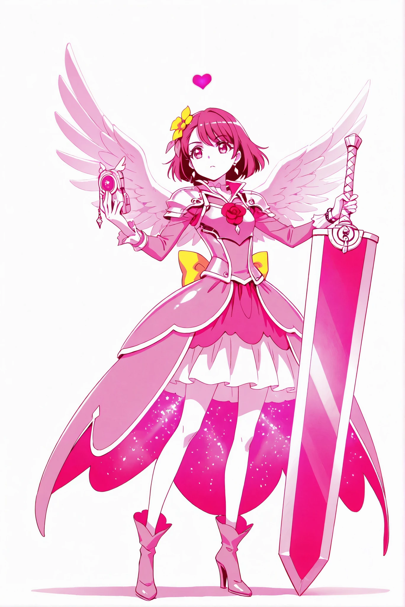 ( stands,full body,high heels,front view,Standing picture,white background:1.7),HoleHeels,oval/Circle/Thorn/Horn Heels,,limited palette,Colorful,Bright Color,flashing silhouette,neon,black light ,watch, masterpiece, Very Beautiful,def,change,shiny pink dress,short hair,brown hair),(grace_final,red hair,long hair,very long hair,shiny hair,pink eyes,yellow hair flower,red heart jewelry,earrings,shiny,pink long_sleeves,red rose,pink dress,yellow back bow,angel Wings,Wings,pink footwear, courage_armor, 黑色armor, full bodyarmor, 龍殺手之sword-II.v1.0, holding - dragon slayer, Giant Weapon, sword, holding sword, Handheld,