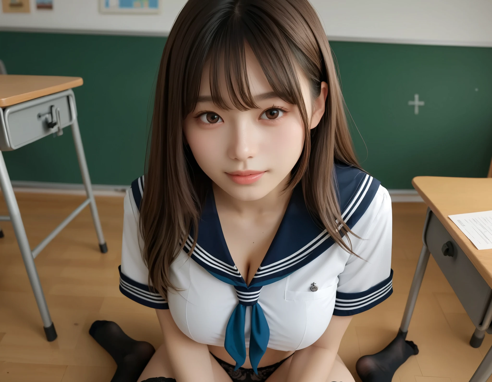 masterpiece、Highest quality、 photos、 real 、Super Detail、High Resolution、 8k、perfect dynamic composition,、beautiful detail eyes、 high school girl uniform、sailor suit、 long hair(brown hair:1.2)、 disheveled hair、( beautiful big breasts :1.2)、((sailor suit:1.3)), round face、natural colored lips、Bold Sexy Poses、(Five fingers)、 so smile 、20 year old girl、cute、((black stockings:12))、looking at the camera in a sexy shot、Flip through your clothes and show me your bra、(((sit cross-legged)))、(((Black Lace Panties))), shot above the knee 、 in the classroom、