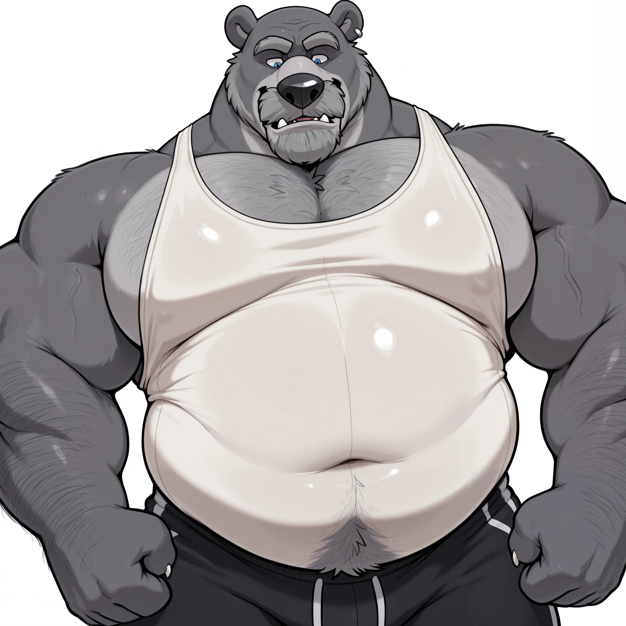 masterpiece, best quality, amazing quality, anthro bear, grey fur, bald, blue eyes, 1boy, solo, chubby, musclegut, muscular, huge arms, dilf, gentle, focused, kind, dad body, daddy, grey fur, bushy grey mustache, thick arms, tall, fangs, large snout, large nose, black nose, glossy fur, hairy arms, hairy chest, huge muscles, huge pecs, wide head, grey ear piercing, white tank top, black training pants, white background, belly focus