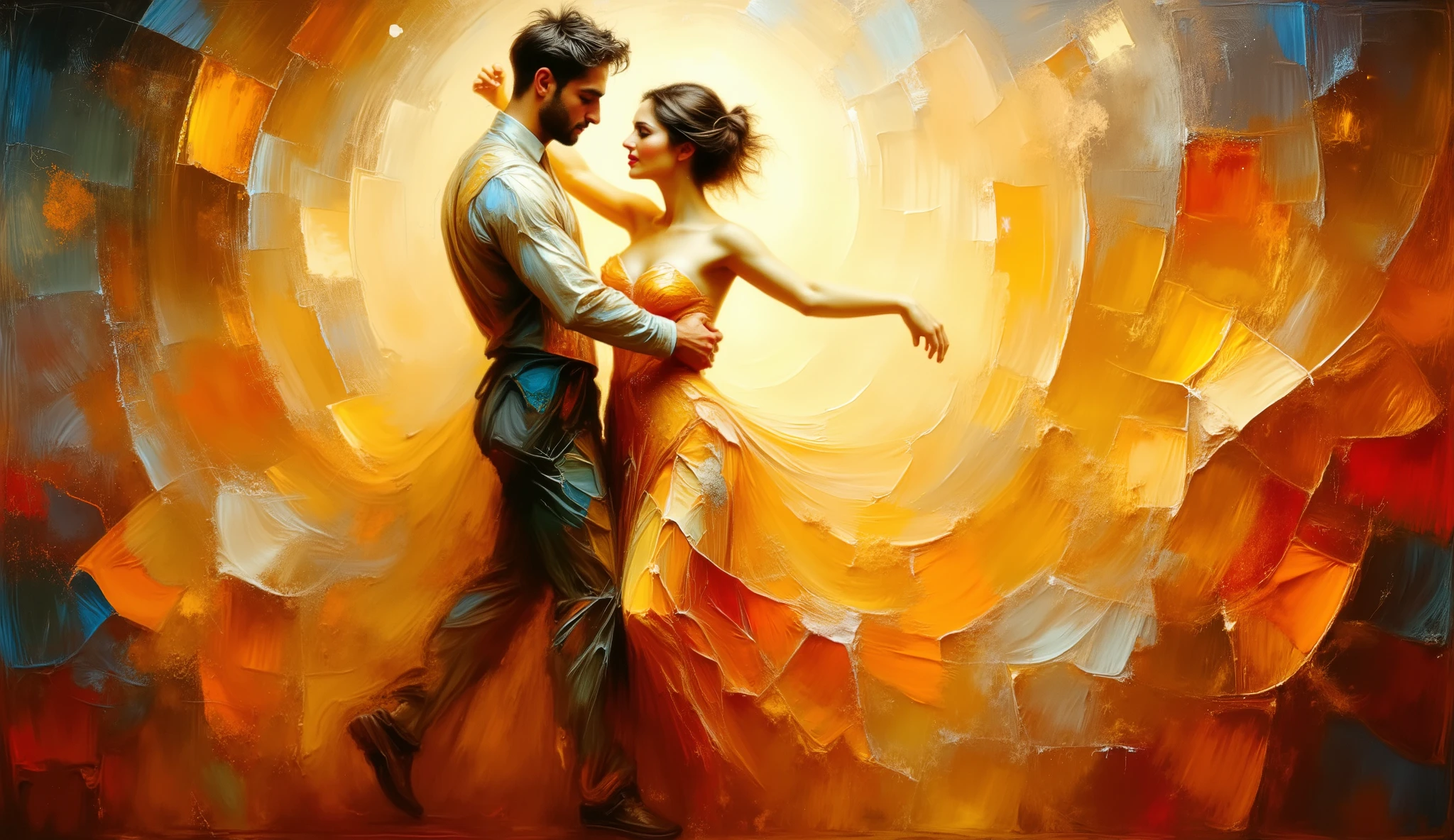 an oil painting inspired by Edgar Degas, depicting a couple dancing on a neutral background filled with glowing lights, their movements leaving fluid traces like action painting, impressionistic brushstrokes, and bold colors, evoking energy and passion, warm color palette, dynamic motion, soft yet dramatic lighting, vibrant atmosphere --v 5 --stylize 1000