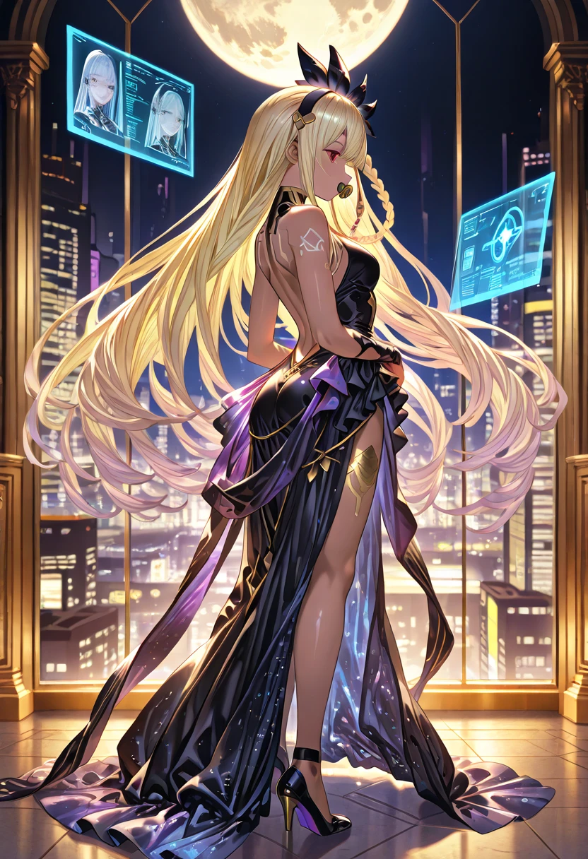 ((a photorealistic glamour shot of an exquisite, glamour mecha female vampire: 1.5)), ((full body: 1.3)), ultra feminine, pale face, golden hair, long vibrant shiny hair, glamorous hair,  red eyes, miniatures mechanical , deep penetrating eyes, red lips, lustful lips, ((two visible vampiric fangs: 1.5), drops of blood dripping from the mouth, ((cyberpunk style: 1.5)), she wears (white elegant glamour dress, with small delicate mechanical parts: 1.4), digital parts,  intricate details, the dress is studded with diamonds, tight suit, dynamic color, high heels, cyberpunk street at night background, (highest quality:1.2, Very detailed, up to date, Vibrant, Ultra-high resolution, High Contrast, masterpiece:1.2, highest quality, Best aesthetics), best details, best quality, highres, ultra wide angle, 16k, [ultra detailed], masterpiece, best quality, (extremely detailed), Genetically modified..., Cinematic Hollywood Film, nijimecha, aetherpunkai