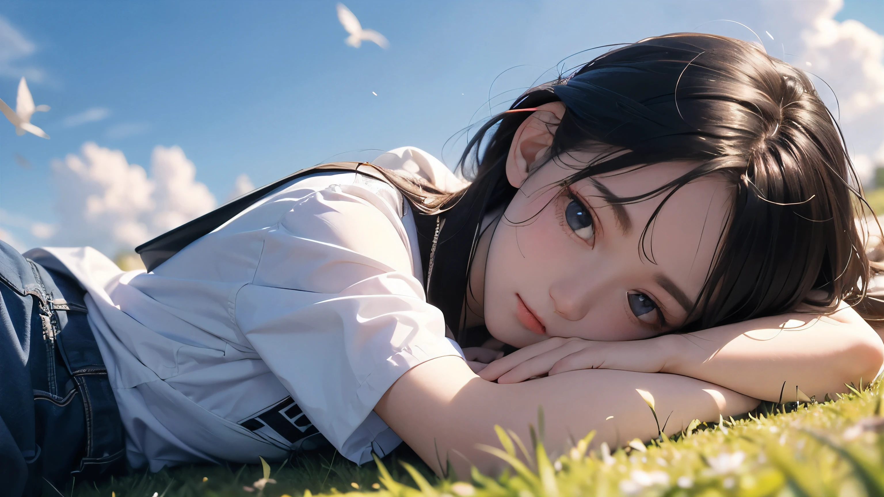 Throw out student bags

I lay down and looked up at the sky
High school girls and boys
I talked about my dreams and future with you
Forget the passage of time
I've been talking all the time

The wind shakes plants
I'm going to carry your scent
