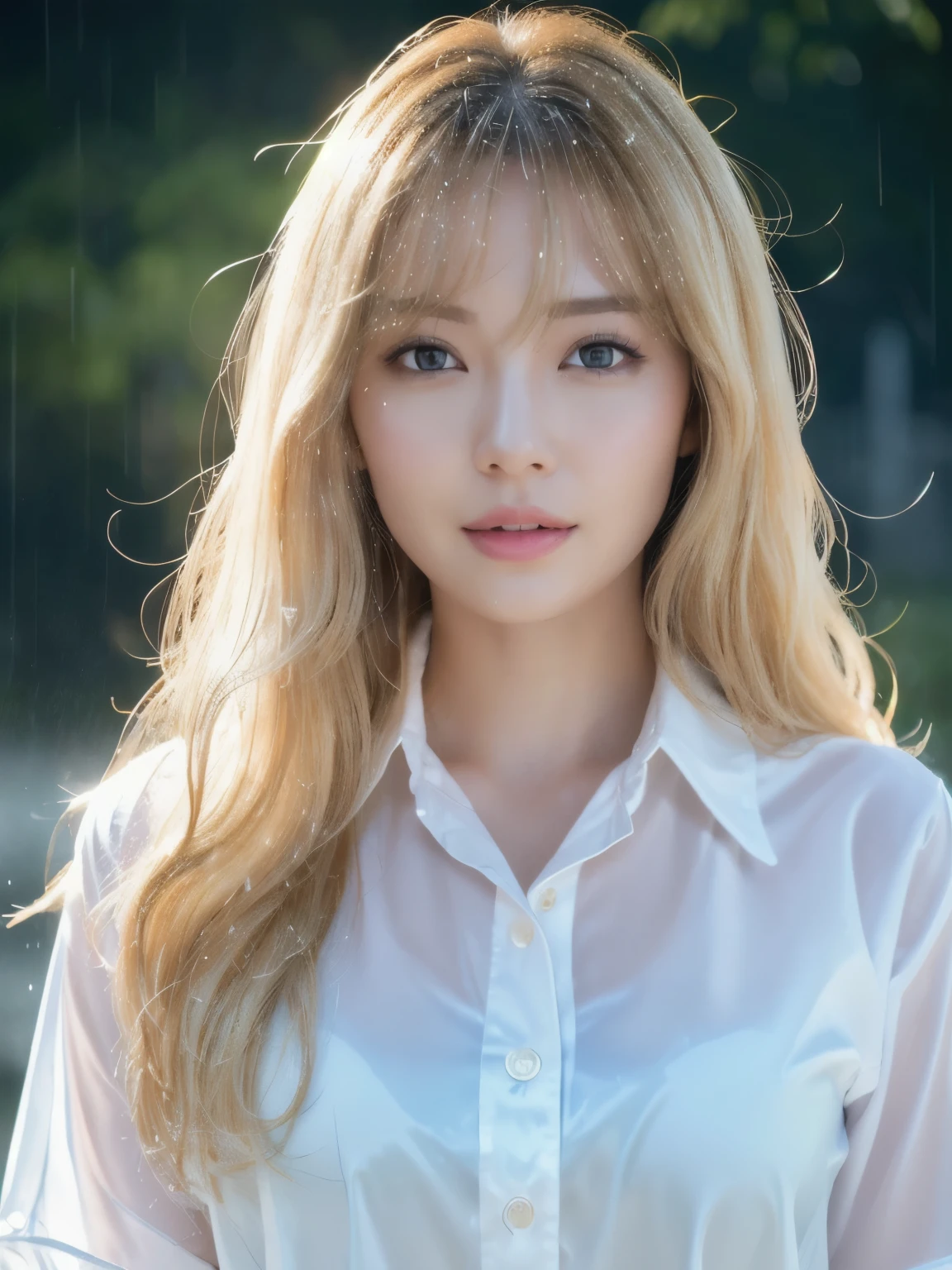 Portrait of girlish business look hairstyles for spring summer。Hair color is honey blonde、Softwave styled with fluffy curled bangs and playful curls。Pink lip and soft blush makeup reflect a cozy and attractive look。