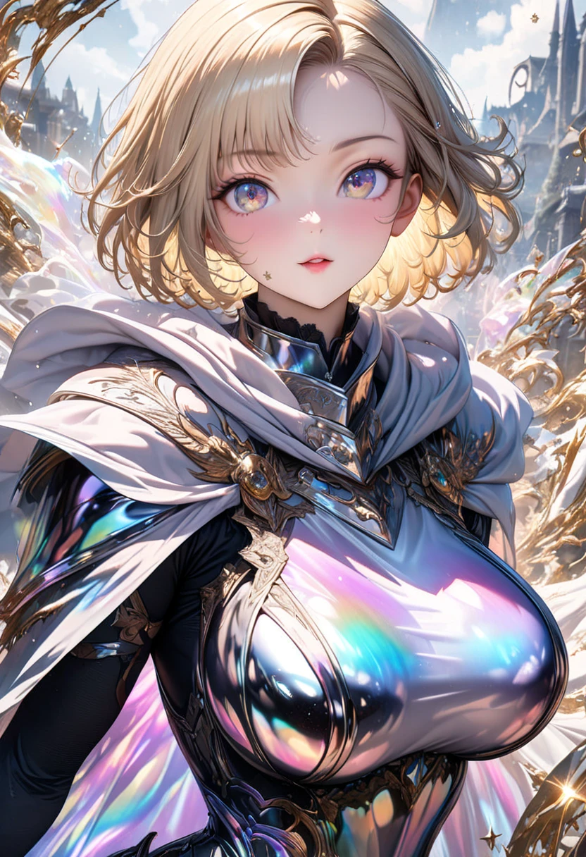 Please follow all prompts below exactly and faithfully. This is a breathtaking masterpiece of digital illustration, with maximum resolution, UHD, 512K, 2160p, 10 million ppi, 300 million dpi, natural color tones, ultra sharp details, perfect outlines with contrast, **most realistic skin and hair textures**, most beautiful detailed eye features, perfect anatomically correct human body, beautiful background with depth, rule of thirds, depth of field, Maximize all element is used to its full potential to create the best digital illustrations, A very sexy and elegant woman with a perfect body style, a beautiful sharp face, slim figure, gravity-defying large breasts, beautiful green eyes, (shiny blonde shaggy cut short hair covering one eye), glossy, sensual, Fantasy world warrior with detailed armor, wielding a sword, vibrant colors, dynamic pose, and a skirt. The armor features intricate engravings, golden accents, emerald inlays, shoulder pauldrons, chest plate with dragon motif, elbow guards, knee guards, shin guards, leather straps, metal buckles, chainmail underlayer, gauntlets with runes, plumed helmet, decorative belt, flowing cape, thigh-high boots, ornate scabbard, gem-encrusted hilt, floral patterns, and silk lining.
