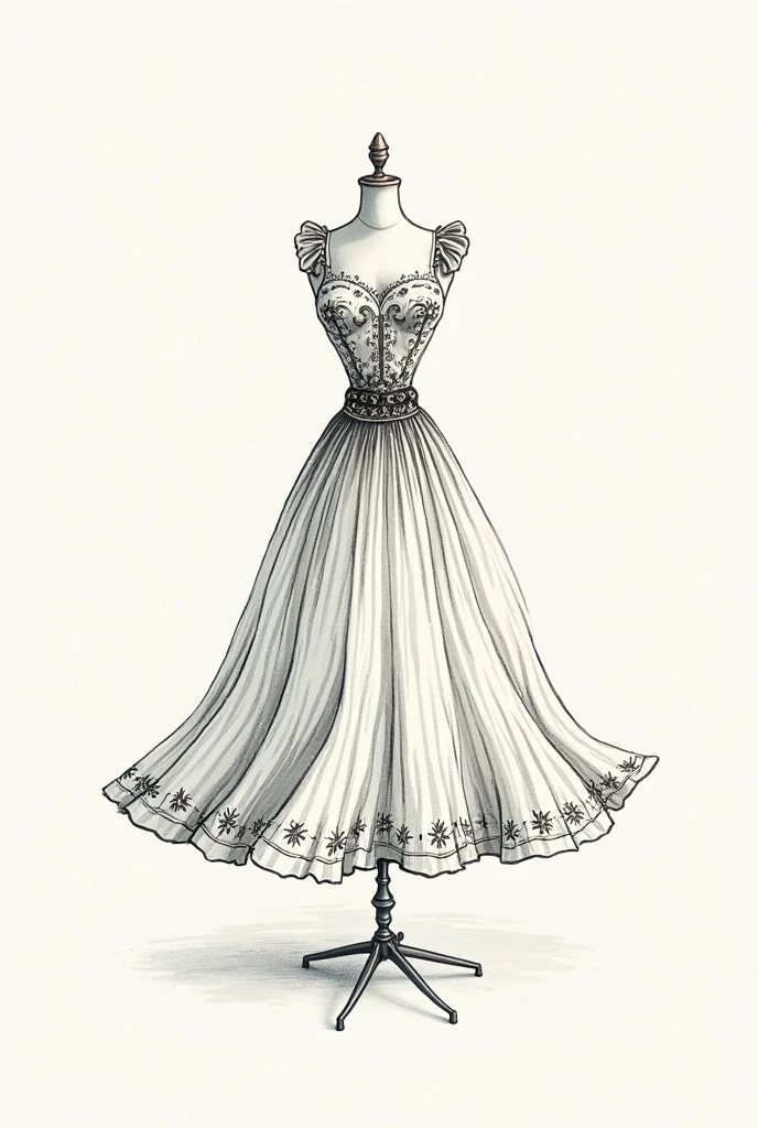 sketch of a dress with flowers on its fabric and short lace