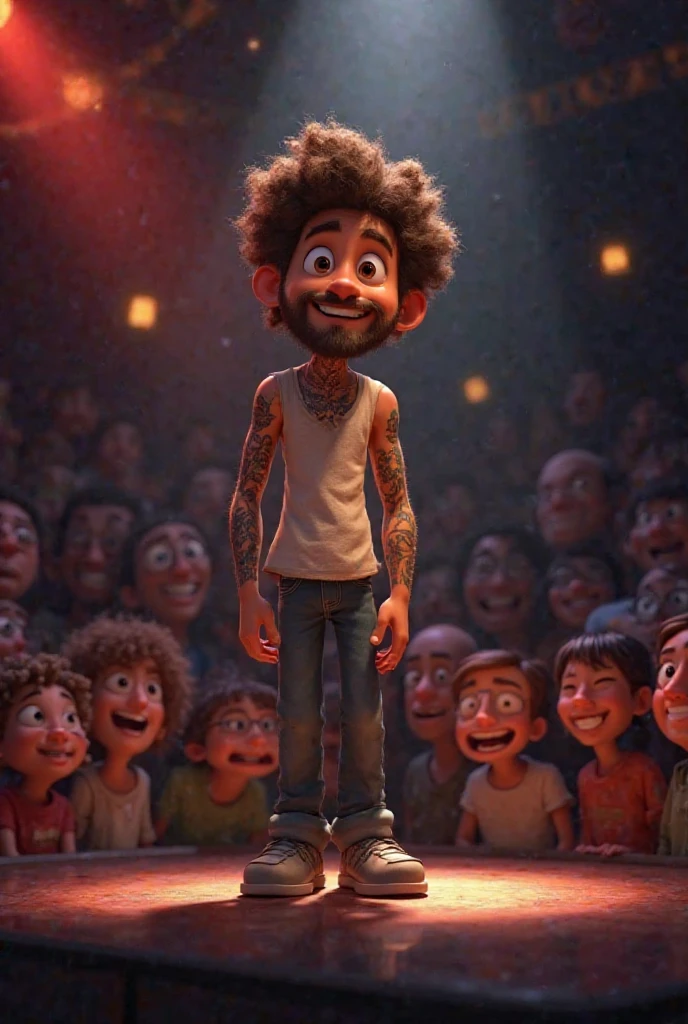 A film inspired by Disney Pixar (YOUNG WHITE BOY WITH LONG BLACK CURLY HAIR) He is walking on the city streets, with a gun on his waist, no shirt on the body, with a tattoo on his body with the name WY STRONG SIL, pixar, cool and stylish