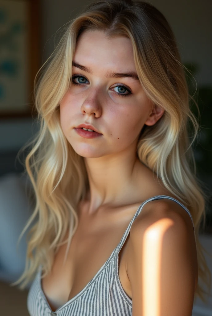 (score_9, score_8_up:1.1), score_7_up
1girl, (18-years-old), innocent and alluring, long hair, alternative vibe, beautiful eyes, freckles, medium breasts, (open mouth:0.6), subtle cleavage, tight body, slutty, candid picture, (cozy bedroom), off-shoulder shirt, dynamic angle, vibrant lighting, high contrast, dramatic shadows