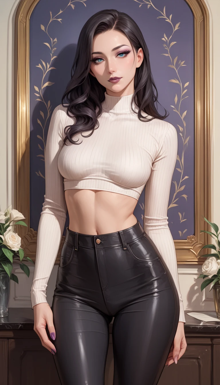 warm smile (masterpiece), (best quality), (realistic), (red lips), realistic girl, one adult woman, pale skin, blue eyes, curly black hair, eye brown, brown eyes, nose, ear, mouth, lips, neck, shoulders, medium chest, (random color shirt, plain t-shirt, short black skirt, tight tights), waist, thick legs, thick thighs, (garden with so many roses background), (short hair)