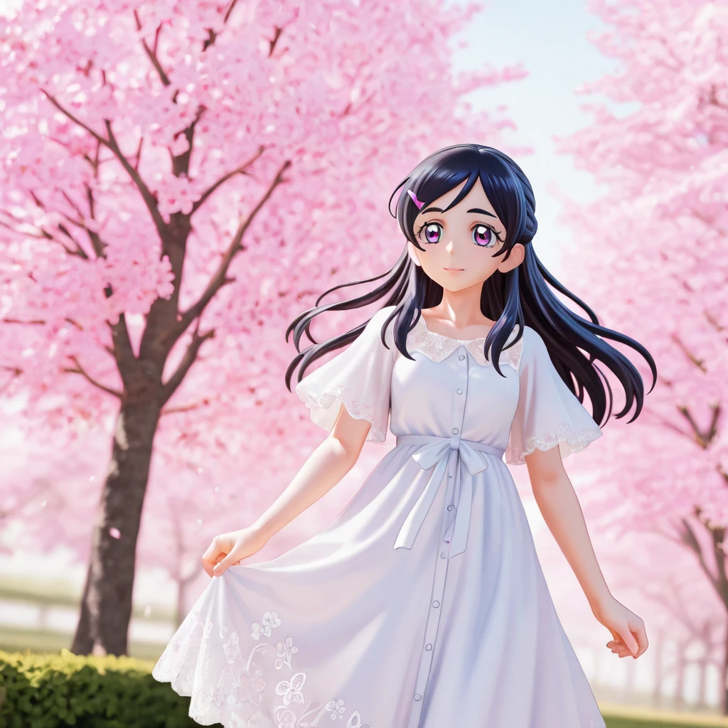 a woman in a dress standing in front of a tree, realistic anime 3 d style, 2. 5 d cgi anime fantasy artwork, realistic anime art style, realistic anime artstyle, realistic anime style at pixiv, 3 d anime realistic, photorealistic anime girl render, cgsociety 9, smooth anime cg art, stuning fantasy 3 d render