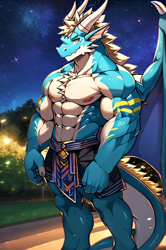 Anthropomorphic male dragon, His body is decorated with luxurious lace underwear, Highlight his muscular body and sharp claws. Wrap his body tightly, Showing the outline of the chest, abdomen, and weapons. His wings, Stretch and Elegance, Delicate lace pattern glitters in the light、dance to tune. dragon'Tail, Long-lasting and powerful, In sharp contrast to the gorgeous clothing. He has a gold nipple ring,Connected with a delicate chain, Drawing attention to his protruding chest,Emphasizes his charming masculinity. dragon'Eyes are attractive, Full of confidence and, Highlight underwear and decorative embellishments. The background of this photo is a luxurious bedroom, Equipped with luxurious furniture and soft, Create an atmosphere of indulgence and sensuality.