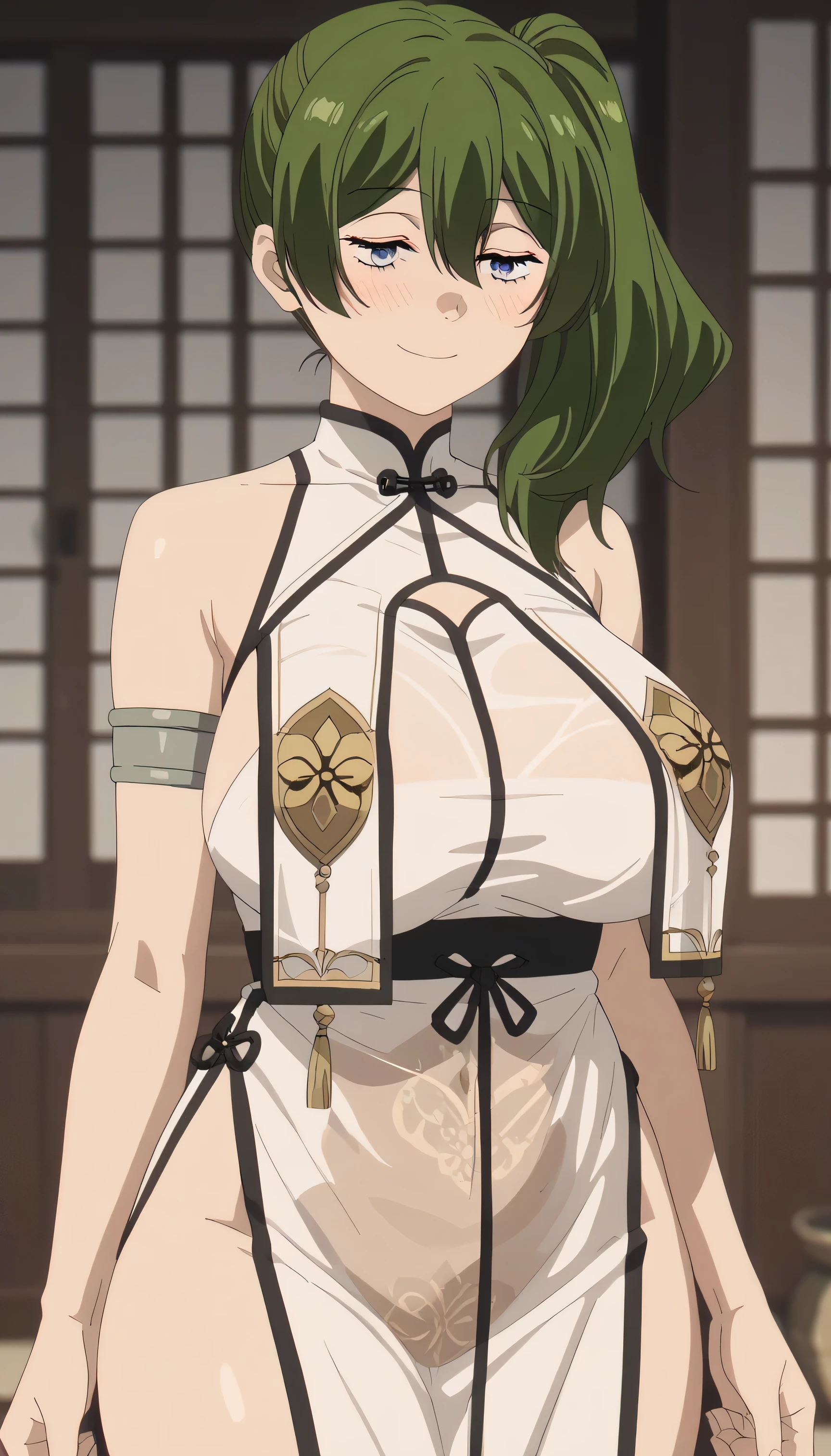 ,1girl, ubel, medium hair, hair between eyes, green hair, side ponytail, purple eyes, anime screencaphuge breasts,wide hips,nsfw,(white breast curtains, china dress, see through),(blush smile,),from_front,milf,stand,