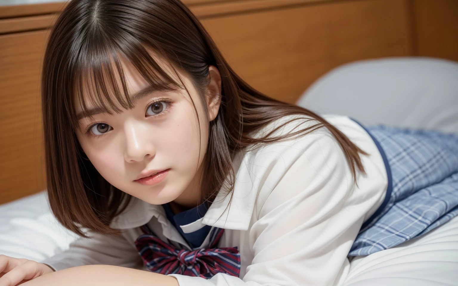 A female elementary school student lying on her back in bed Lower school year Look at me Facing forward With a shy look With a painful expression