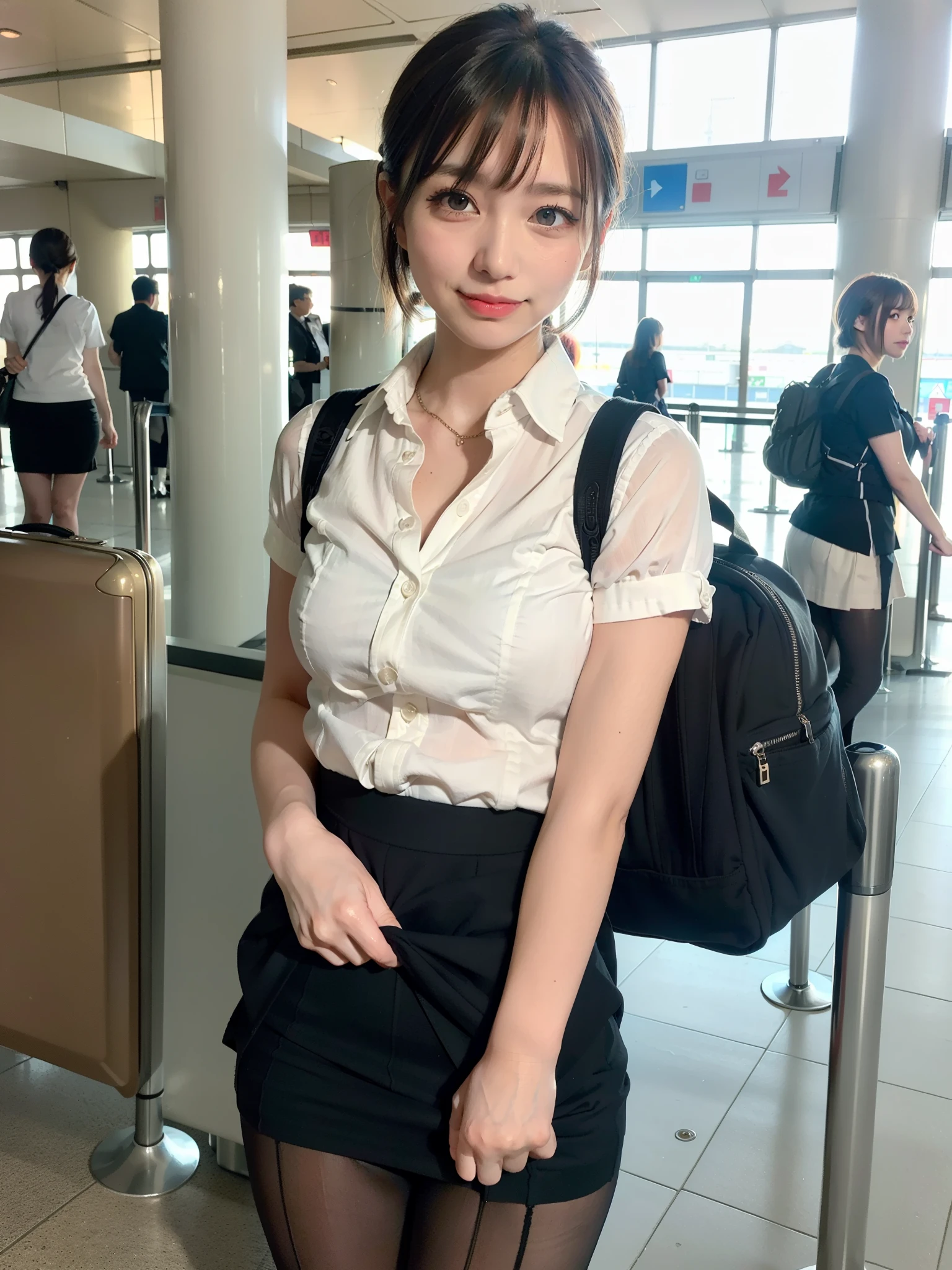 masterpiece:1.2、highest quality:1.2)、32K HDR、High resolution、(alone、1 girl、Slim figure)、25Old Japanese woman、(Realistic style wearing the ANA cabincrew uniform)、 (At the airport entrance, Professional Lighting)、A proper woman, Beautiful Face,、(ANA cabincrew uniform)、(Short sleeve pink blouse)、(ANA cabincrew uniform skirt with blue stripe on the back)、(Scarf around the neck)、Big Breasts、(Long hair updo、Chignon)、Dark brown hair、Long Shot、((Fine hand:2.0))、((Harmonious body proportions:1.5))、((Normal limbs:2.0))、((Normal finger:2.0))、((Delicate eyes:2.0))、((Normal eyes:2.0)))、Beautiful back view、smile