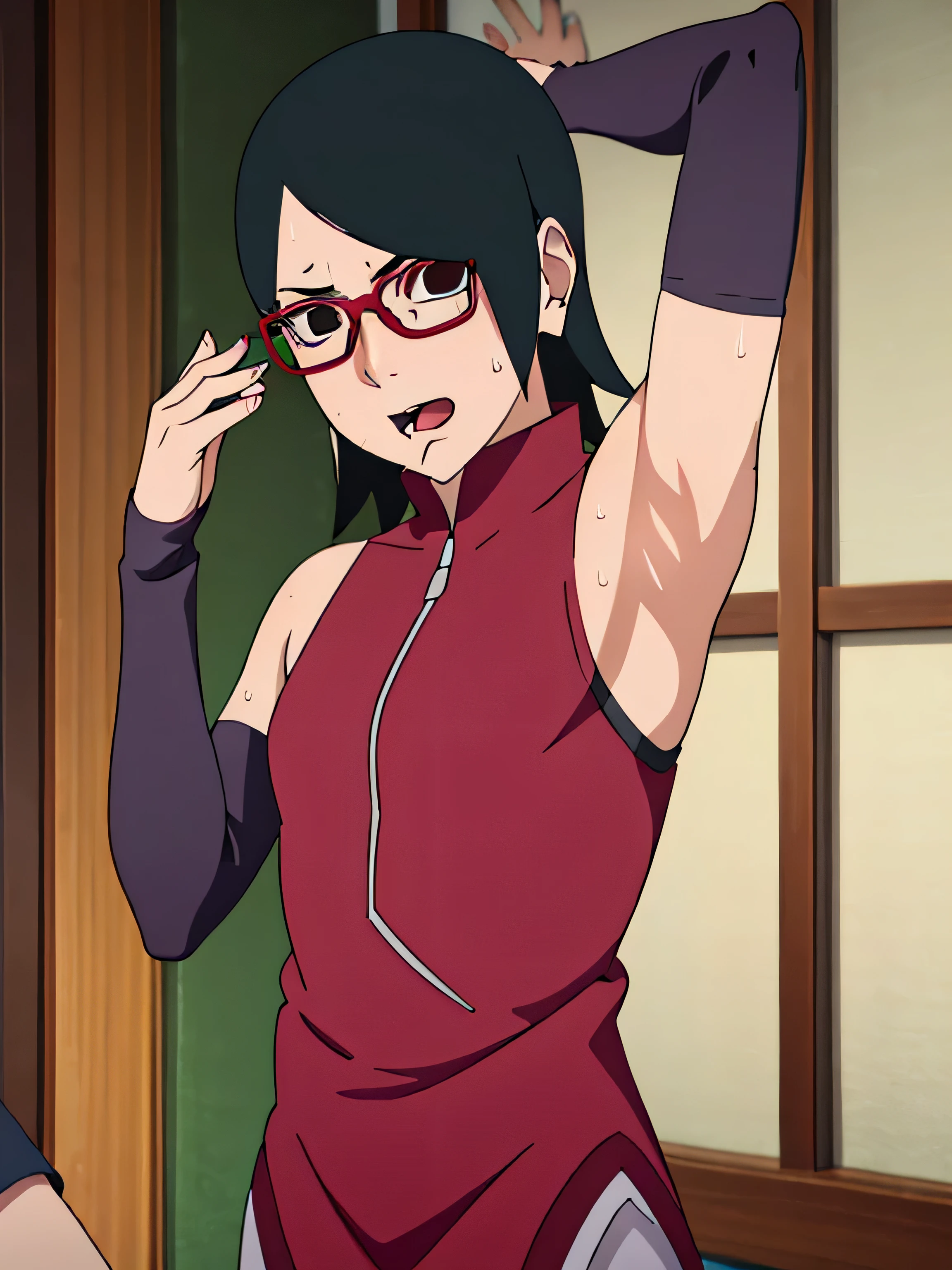 Sarada Uchiha,human woman with fair skin. She is a r with black eyes and red clothing. Her hair is black in color; She is beautiful.Wearing red rimmed glasses.Tsundere face. Pink eye shading,mature appearance,armpits,sweat,sweaty,sweaty armpits,arms up,showing armpits,awesome armpits,outfit,blackish red arm warmers,maroon arm bands,maroon arm warmers,showing tongue,tongue out