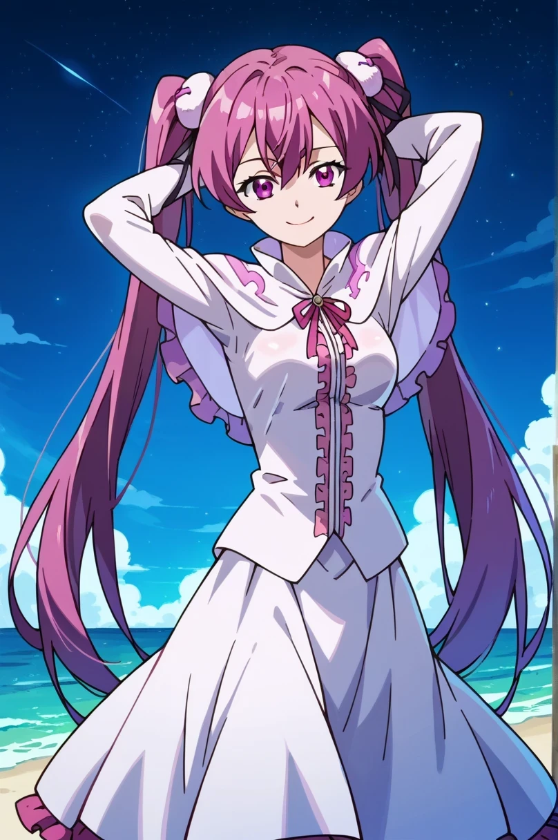 mine,anime screencap,1girl,solo,mature,long hair,ribbon,twintails,purple eyes,purple hair,very long hair,capelet, hair ornament,dress, shiny skin, high quality, solo, night sky, beach, (hands behind head), ((contrapposto)), closed mouth, cowboy shot, looking at viewer, smile, best quality
