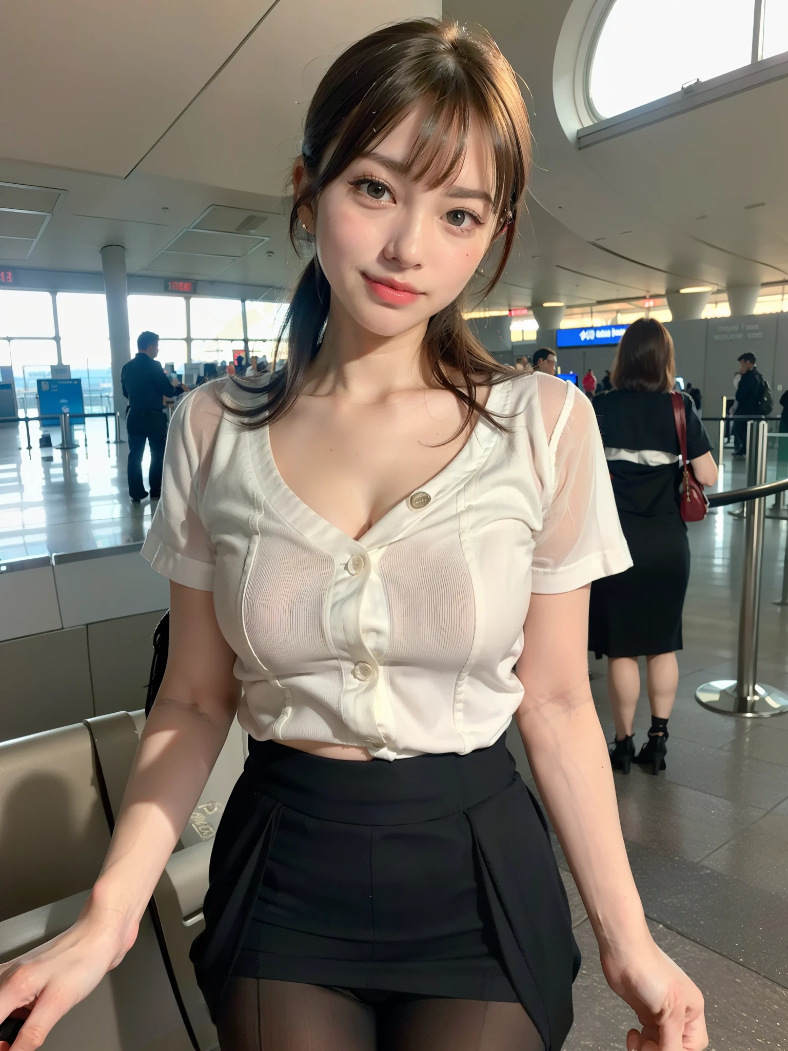 (8K, HDR, High resolution), ((((Full body photo,Raw photo, Hyperrealism, masterpiece, highest quality, ultra High resolution)))), (Pin Light, Backlight,Cinematic Light), ((Japanese uniform outfit,Sailor suit,Navy blue mini skirt,Japan  style,on the train,Sitting in a chair,Camel Toe,Panties digging into pussy)), (Hyper Detail, finely), 1 Korean Idol, (((Shooting from below,White lace panties visible through the gap in the skirt,Panty peek angle:1.3))),A provocative smile,Archaic Smile,Beautiful Goddess,Small, plump lips, Straight and cute nose, A little redness on the cheekbones,Long and beautiful eyelashes, Narrow waist,Perfect Style,Very heavy chest,Huge breasts