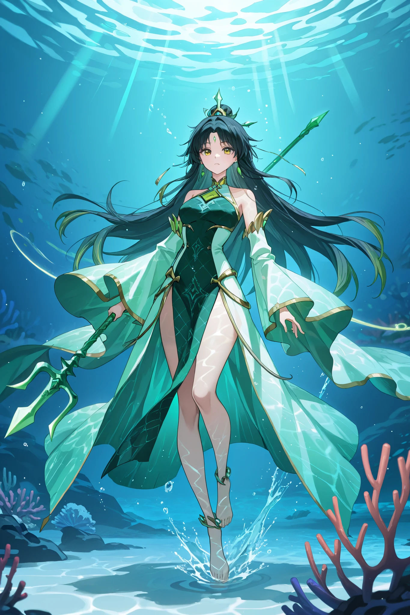 Please draw a scene of dynamically jumping into the water from the sea surface。
transparent emerald green sea water
Light trails of sunlight refracting on the surface of the water
That moment when the water shimmered like a diamond gray
Leng feiyan, Leng dress, black hair, long hair, forehead mark, hair ornament
HoldingTrident, holding trident,
Slow-motion Effect Capturing Water Stream Tracks
Ultra-high resolution photography
Movie Lighting
8K Super Detail
Wide-angle lens effect
Aquamarine base with coral yellow trim
Gradient representation of underwater light
Highlights of Water Surface Mirror Reflection
Achieve water viscosity and transparency
Water flow performance per hair
Random track pattern of bubbles
Blurred coral reef shadow in the distance