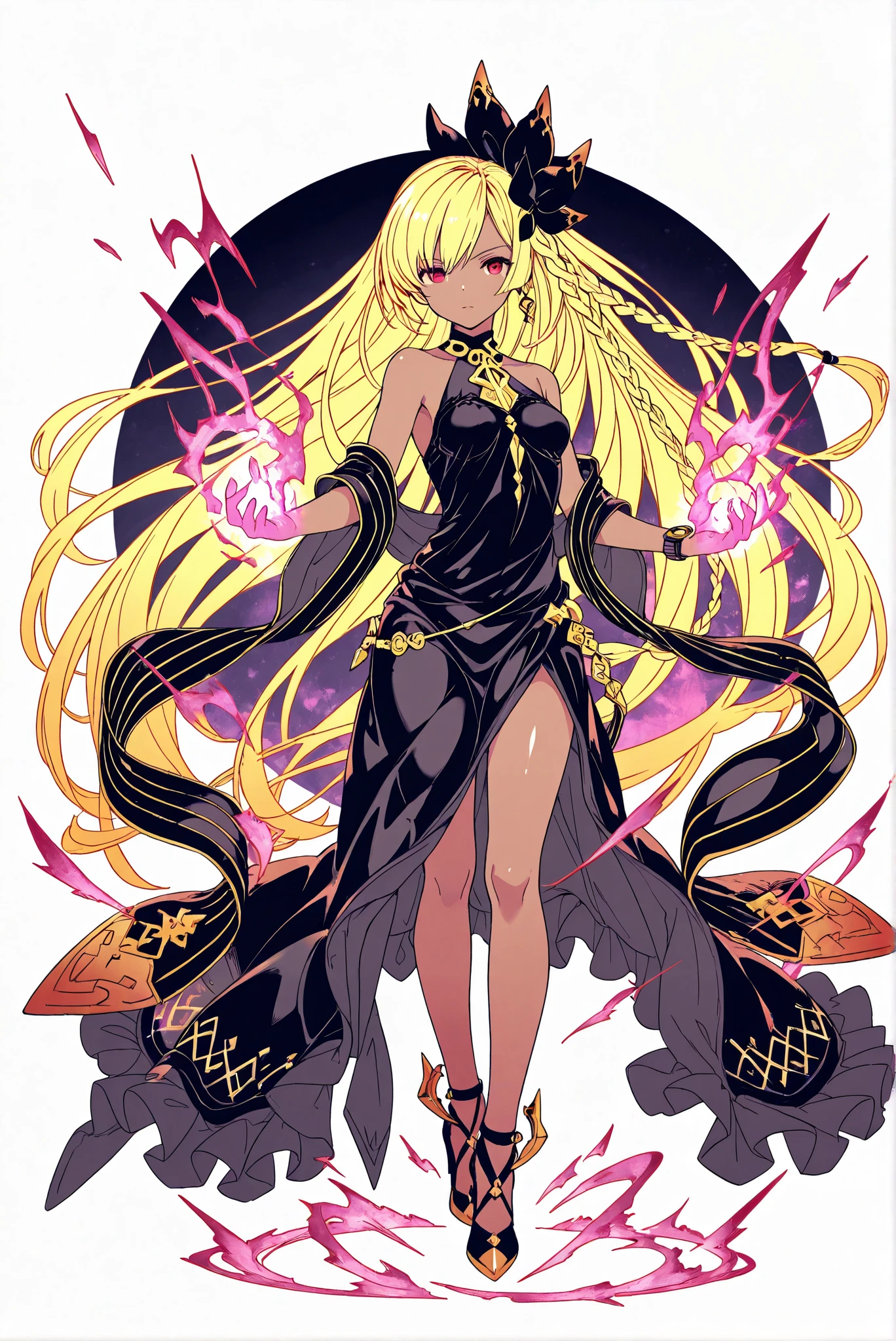 ( stands,full body,high heels,front view,Standing picture,white background:1.7),HoleHeels,oval/Circle/Thorn/Horn Heels,,limited palette,Colorful,Bright Color,flashing silhouette,neon,black light ,watch, masterpiece, Very Beautiful,, shiny skin, golden ornaments, , Granblue_ fantasy, Helel_Ben_Shalem, dark skin, Blonde, long hair, braid, red eyes, Poimagmb,aura,Glowing,Gas, glowing gas in hands,