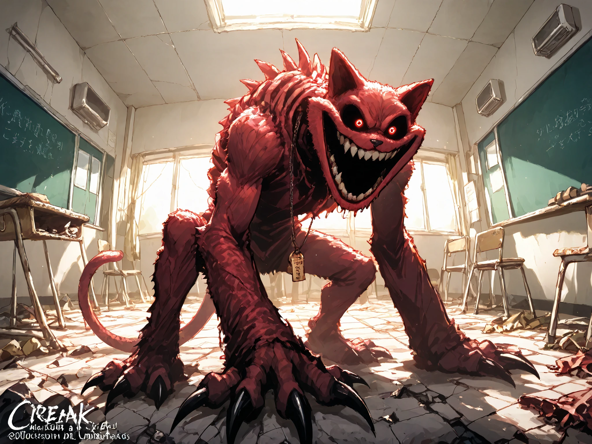 (CatNap, monster), lurking in a kindergarden, ruined building, horror movie ambience, rusty toys, rusty floor, evil smile, glowing eyes, meneacing