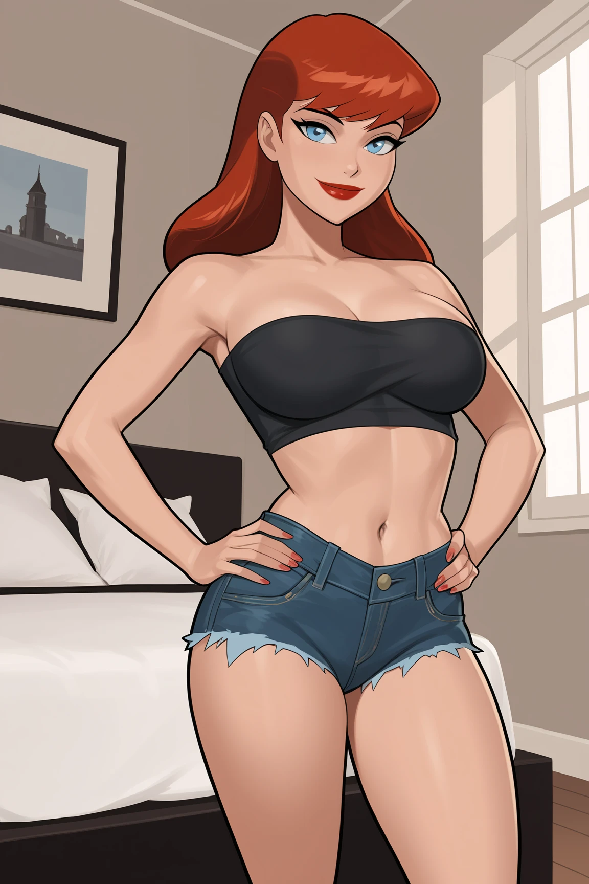 A tall girl, beautiful, big breast, long brown hair, blue eyes, wearing a red to blue bra, showing her navel and blue to red striped mesh pants.