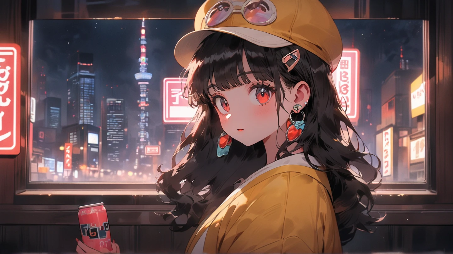 anime style, Retro City Pop, 80s Style, Beautiful Girl, long black hair,  cap,  big eyes, red rouge, earrings,  Yellow Jacket ,  night view,  Tokyo skyscrapers , neon light, View from the window, Chill atmosphere , Lo-fi Music, city pop album cover, Nostalgic,  Future City, Cool and calm look