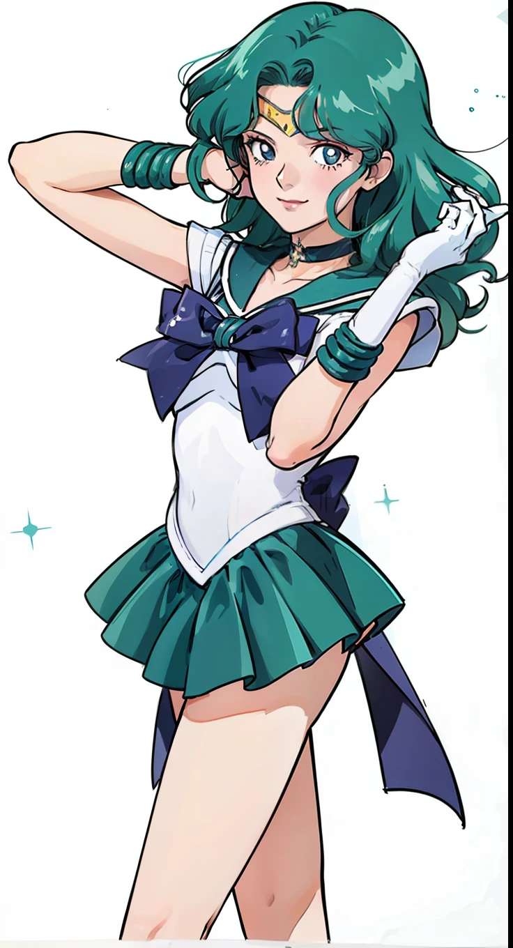 (best quality) perfect anime, beautiful female, High Resolution, Masterpiece, Accurate, HD, High Quality, UHD, Sailor Moon Crystal style, Sailor Neptune, Michiru Kaiou, Long Hair, wavy hair, Aqua Hair, Shiny Hair, Parted Bangs, Hair Over Shoulder, Curtained Hair, Aqua Eyes, Blue eyes, Closed Mouth, Makeup, Light Smile, Eyebrows Behind Hair, Long Eyelashes, Pupils Sparkling, Simple background, From Side, Feet Out Of Frame, Cropped, Tiara, Forehead Jewel, sailor fuku, sailor senshi uniform, choker, jewlery, Anime, Anime Style,