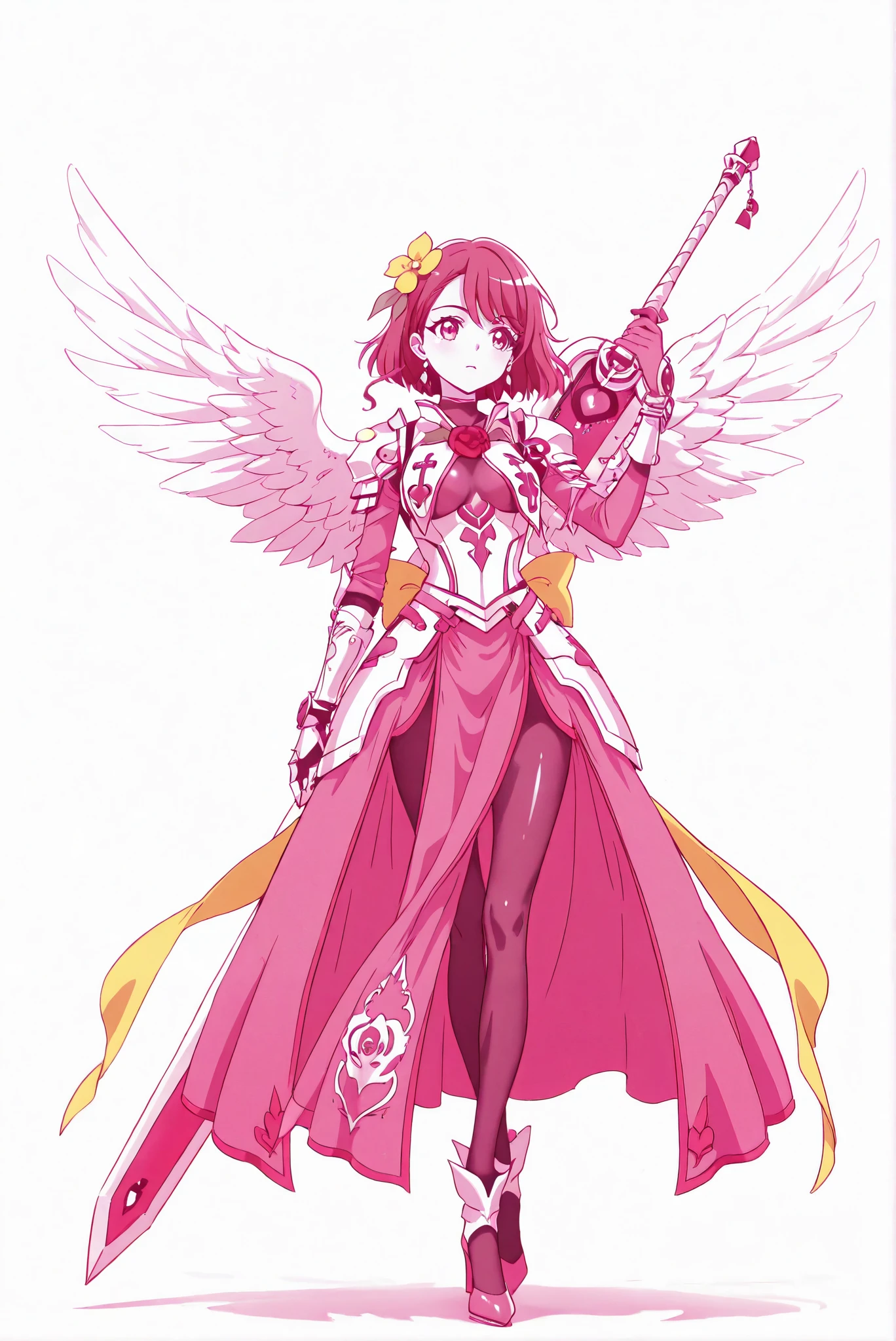 ( stands,full body,high heels,front view,Standing picture,white background:1.7),HoleHeels,oval/Circle/Thorn/Horn Heels,,limited palette,Colorful,Bright Color,flashing silhouette,neon,black light ,watch, masterpiece, Very Beautiful,def,change,shiny pink dress,short hair,brown hair),(grace_final,red hair,long hair,very long hair,shiny hair,pink eyes,yellow hair flower,red heart jewelry,earrings,shiny,pink long_sleeves,red rose,pink dress,yellow back bow,angel Wings,Wings,pink footwear, courage_armor, 黑色armor, full bodyarmor, 龍殺手之sword-II.v1.0, holding - dragon slayer, Giant Weapon, sword, holding sword, Handheld,holy light armor,ruanyi0847,bodysuit,breast curtains,dress,pantyhose,pelvic curtain