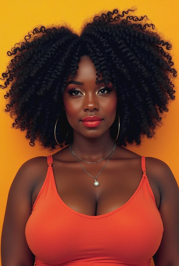 Black woman with 1,59 centimeters tall, weighing 60 kilos, looking 45 years old. breasts big. flat hair.