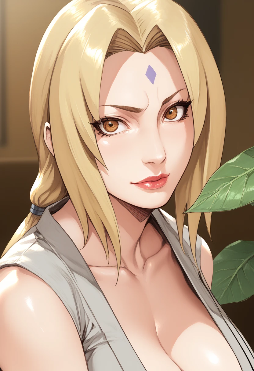 TsunadeNS, tsunade_senju, woman delicate, beautiful fingers, beautiful bright eyes, delicate hands, impossible clothes, taut shirt, thighs, sweet, (best illumination, an extremely delicate and beautiful), (exceptional, best aesthetic, new, newest, extremely detailed, anime:1.2), intricate_detail, official art, finely detailed beautiful face, overexposure, 1girl, solo, huge and saggy breasts, kimono, cleavage, smile, (depth of field), full body, (yellow hair:1.4), lips, alcohol, bottle, sake_bottle, cup, holding, off_shoulder, (masterpiece), (best quality), (ultra-detailed), sharp focus, detailed face, ((perfect anatomy)), long hair, (arm + hand + 1_thumb), Five fingers each, perfect hands, (best shadow), high-resolution illustration, 8k, dark intense shadows, high resolution, (beautiful detailed face), ((high contrast)), ((cinematic light)), high quality anime, anime art style, perfect lighting, (intricate details), colorful, hyper detail, dynamic angle, light around the character, particles, (Behavior: relaxed, carefree, free-spirited), open sky, (highly detailed background:1.0), soft lighting, (very detailed background:1.0), ((landscapedwith beautiful in the background, wind in the forest with many falling leaves and beautiful clouds)), (best possible illustration), water and rivers, mountains and nature, tree and leaves, wind and particles