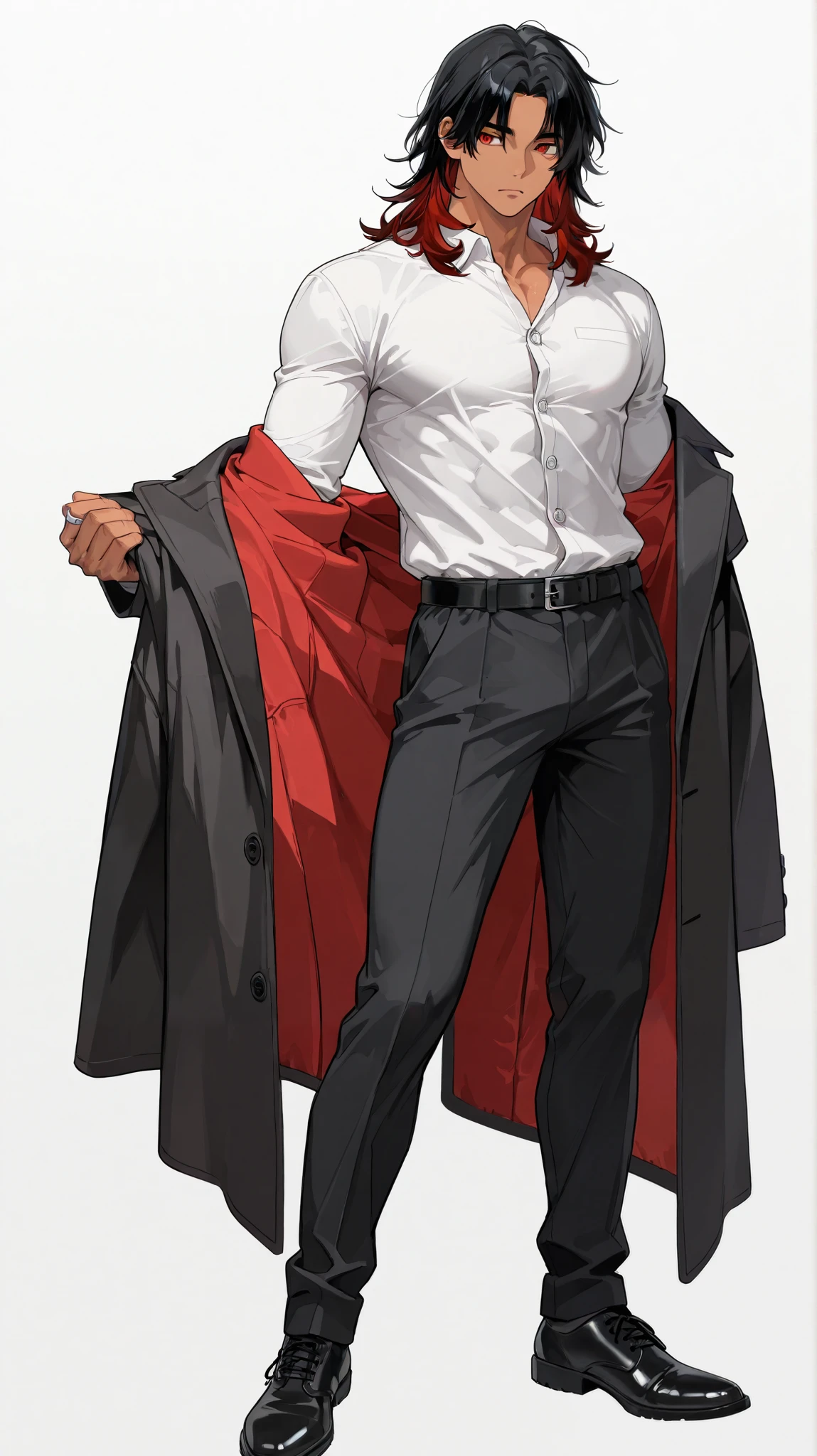 1 boy, fit, very handsome, tall, wavy black hair, one line of red hair in front, middle part hair, wolfcut, medium length hair, middle part hair, defined red eyes, neutral face, tan, sexy body, muscular body, big arms and legs, defined muscle, white button up long sleeve polo, black suit coat, red inside coat, removing coat, coat off shoulder, silver ring, black pants, form fitting, belt, standing, black leather shoes, full body, detailed, slight designs, white background