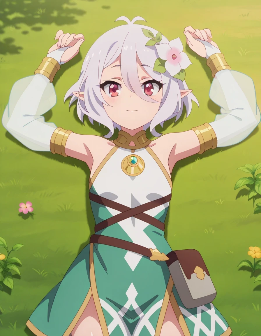 KokkoroDress, anime screencap, masterpiece, best quality,
1girl, solo, closed mouth, light smile,
short hair, white hair, antenna hair, magenta eyes, pointy ears, hair flower,
sleeveless dress, armlet, gold trim, asymmetrical clothes, strap, bridal gauntlets, see-through sleeves, pouch, shiny skin, high quality, solo, lying, on back, arms up, closed mouth, on grass, looking at viewer, cowboy shot, smile, best quality