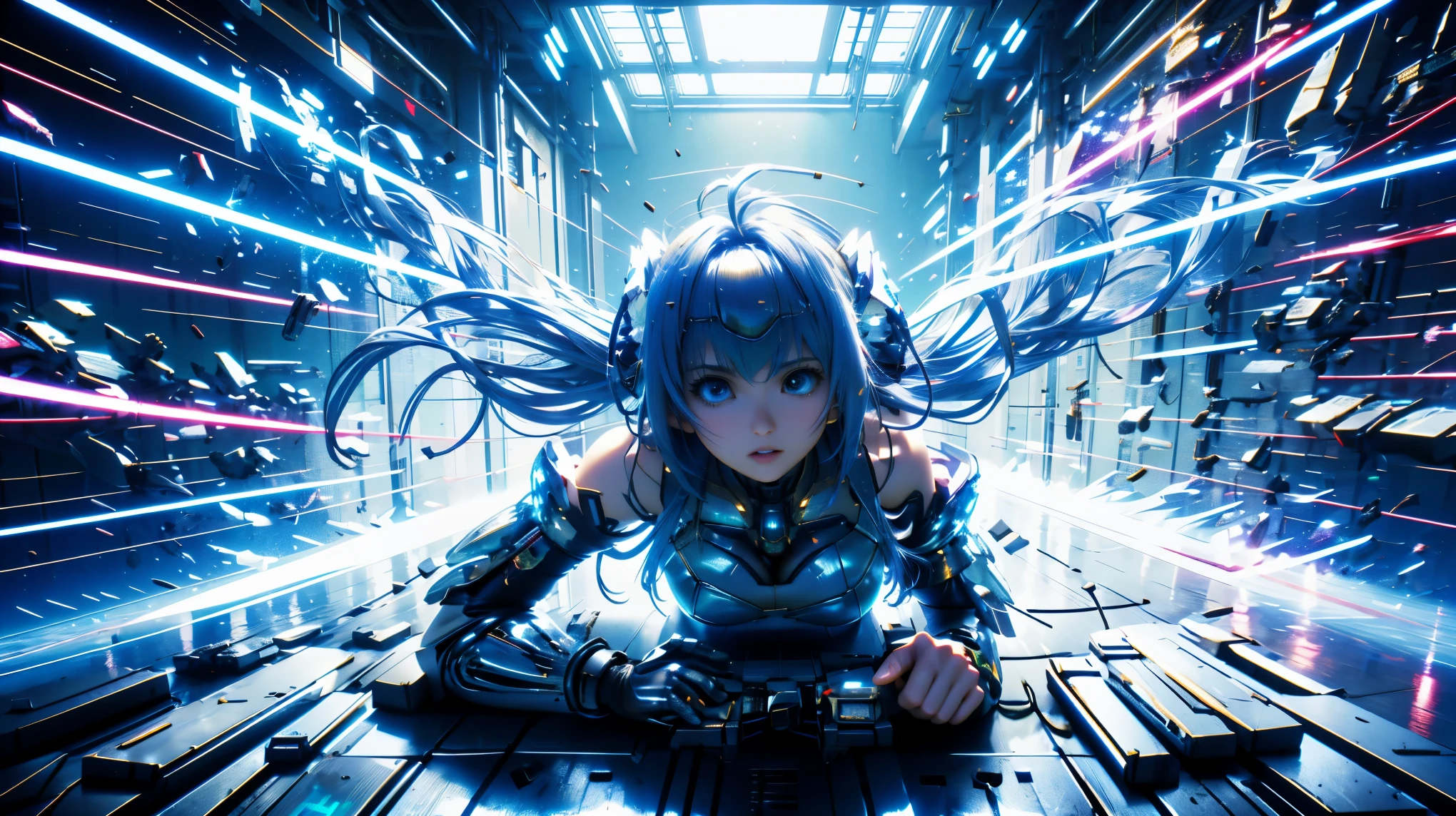 Highest quality、masterpiece、Ultra A high resolution、(photorealistic:1.4)、1 girl、light blue hair、 straight hair ,  SHINY AND CLEAN HAIR 、 White Shiny Skin 、 sexy cyberpunk girl 、(( cyberpunk person ))、Awakening、shadow、octane rendering、ultra sharp、 in bikini 、 fiberglass 、Light emitting tube、 Extremely Complex Details 、 real light 、 CGSoation Trends、(( with golden eyes ))、(facing camera)、Neon Details、 Mechanical Hands 、Attractive grueling that has become a hot topic in cloudscape art of mechanical vertebrae、 mechanical neck attached to the neck  、  wires and cables connecting to the head  、Cosmic Background Radiation、 rat path section、((Valkyrie))、(( beam gun))、 Cosmic Space、no gravity