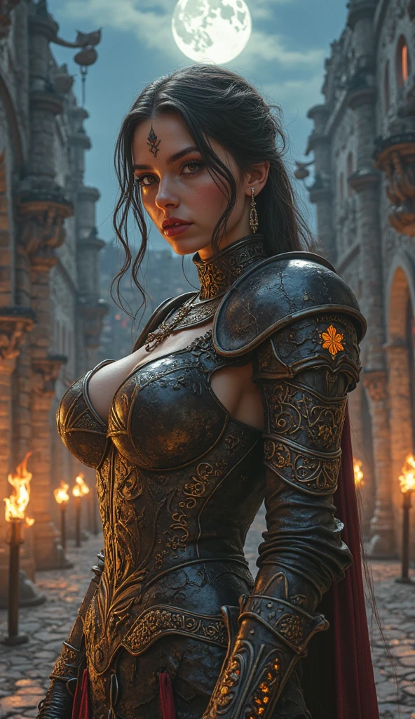 ((best quality: 1.5)) ((masterpiece: 0.8)), intricate details, sharp focus, professional, real life, realistic representation of the face, dim volumetric lighting, dynamic pose, BREAK ((((tall elegant sorceress, makeup: 1.6, ((shredded navy gold chinoiserie gown, tattered, medium breasts, long dark hair bangs, black chrome tiara, (pulsing magical glow)), medieval plains, night dark, bonfire, crowd of red robed cultists in background), body tattoo: 1.6, smirking)))), photorealistic, hyper-realistic, 8K, side view: 0.3