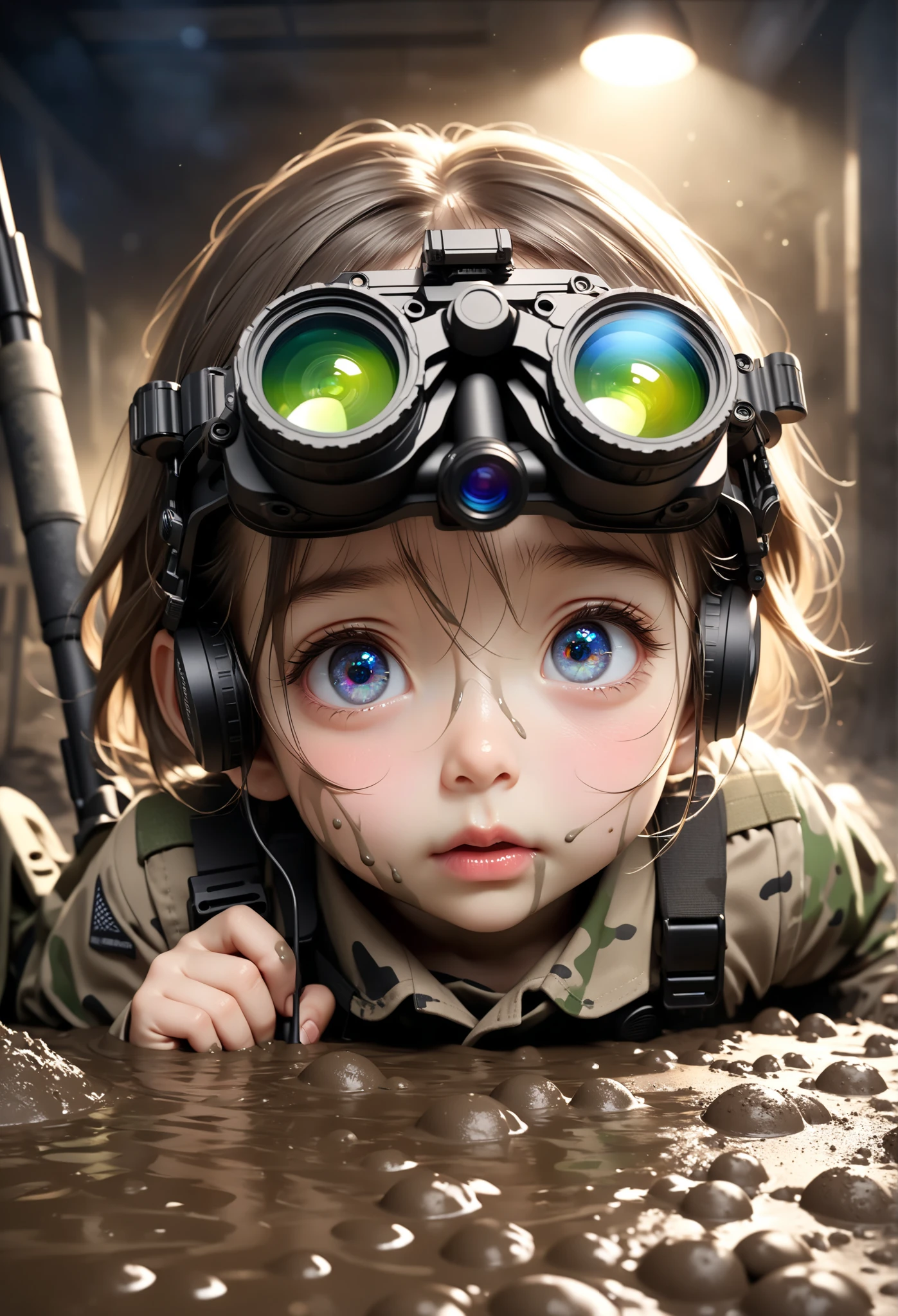 beautiful modern female sniper rifle in an urban setting ,  Wear、 lying face down on the roof 、 swinging a high quality long-range sniper rifle , night vision goggles and urban camouflage uniform with time ,  super fine view covered in mud and dirt , Tense, nervous expression, perfectly detailed eyes, lips, and face,  8k resolution for kindergarten ren, super realistic, masterpiece, Highest quality, Ultra High Definition,  Super Fine Paintings  ,  super fine view , Physically Based Rendering, bright colors, STUDIO LIGHTING, sharp concentration,  bokeh effects .