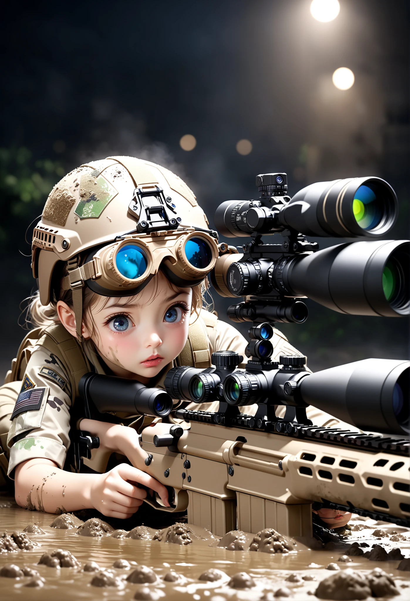 beautiful modern female sniper rifle in an urban setting , Wear、 lying face down on the roof 、 swinging a high quality long-range sniper rifle , night vision goggles and urban camouflage uniform with time , super fine view covered in mud and dirt , Tense, nervous expression, perfectly detailed eyes, lips, and face, 8k resolution for kindergarten ren, super realistic, masterpiece, Highest quality, Ultra High Definition, Super Fine Paintings , super fine view , Physically Based Rendering, bright colors, STUDIO LIGHTING, sharp concentration, bokeh effects .