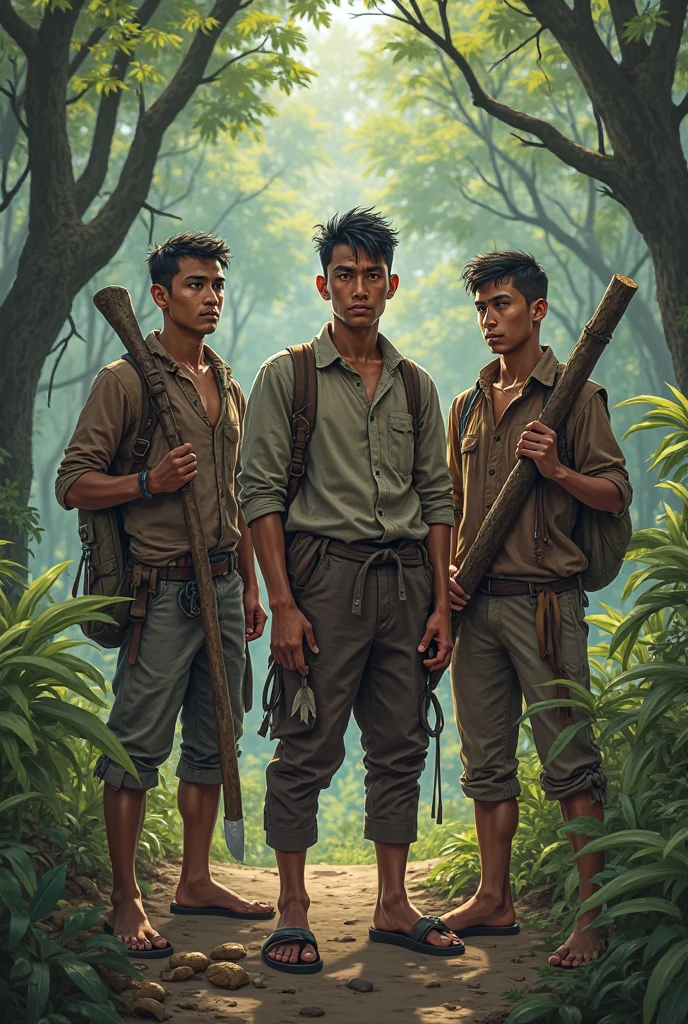 The boys, each around twelve years old, move cautiously through the underbrush. The first boy, the leader, has a determined look on his face. He grips a handmade spear tightly, his eyes scanning the surroundings for any sign of movement. He's dressed in a tattered shirt and shorts, his clothes muddy and torn from their journey.