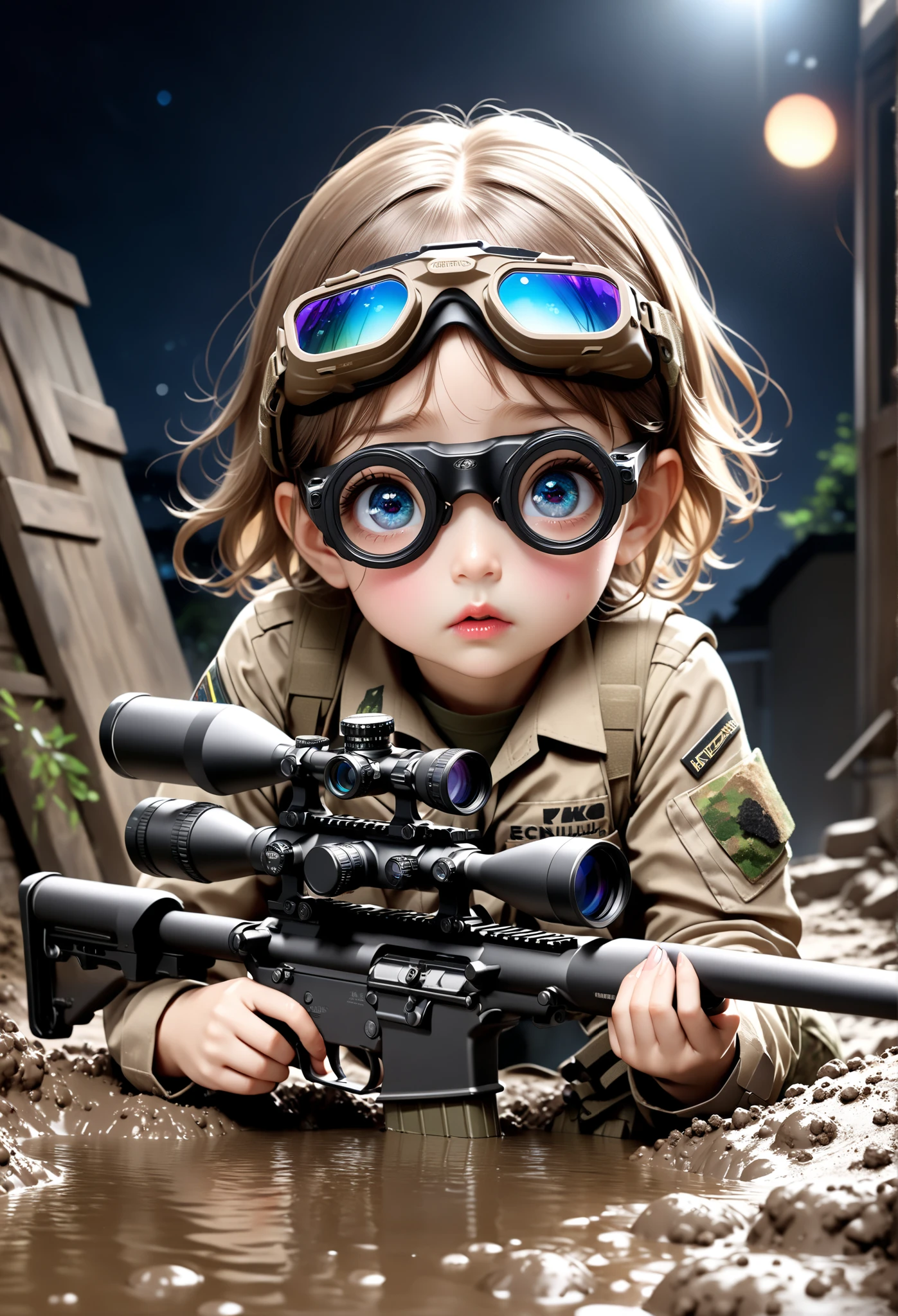 beautiful modern female sniper rifle in an urban setting , Wear、 lying face down on the roof 、 swinging a high quality long-range sniper rifle , night vision goggles and urban camouflage uniform with time , super fine view covered in mud and dirt , Tense, nervous expression, perfectly detailed eyes, lips, and face, 8k resolution for kindergarten ren, super realistic, masterpiece, Highest quality, Ultra High Definition, Super Fine Paintings , super fine view , Physically Based Rendering, bright colors, STUDIO LIGHTING, sharp concentration, bokeh effects .