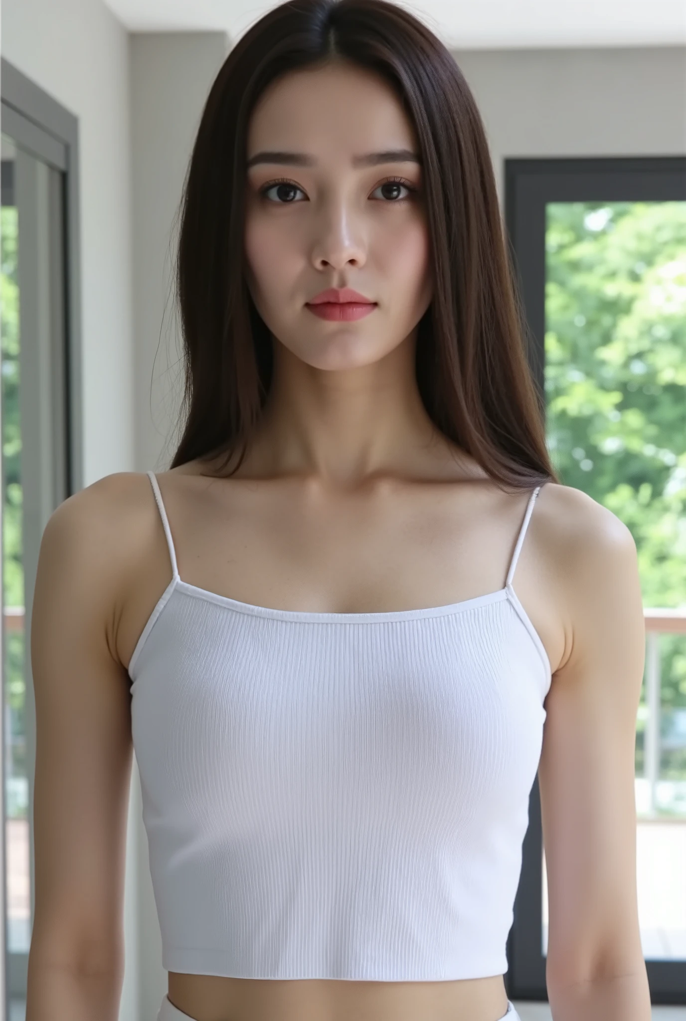 one beautiful girl、grey camisole, (grey panty), A dark-haired、 schools、early morning、14years、cute smile at the viewer, (arms at sides:1.2), standing straight,