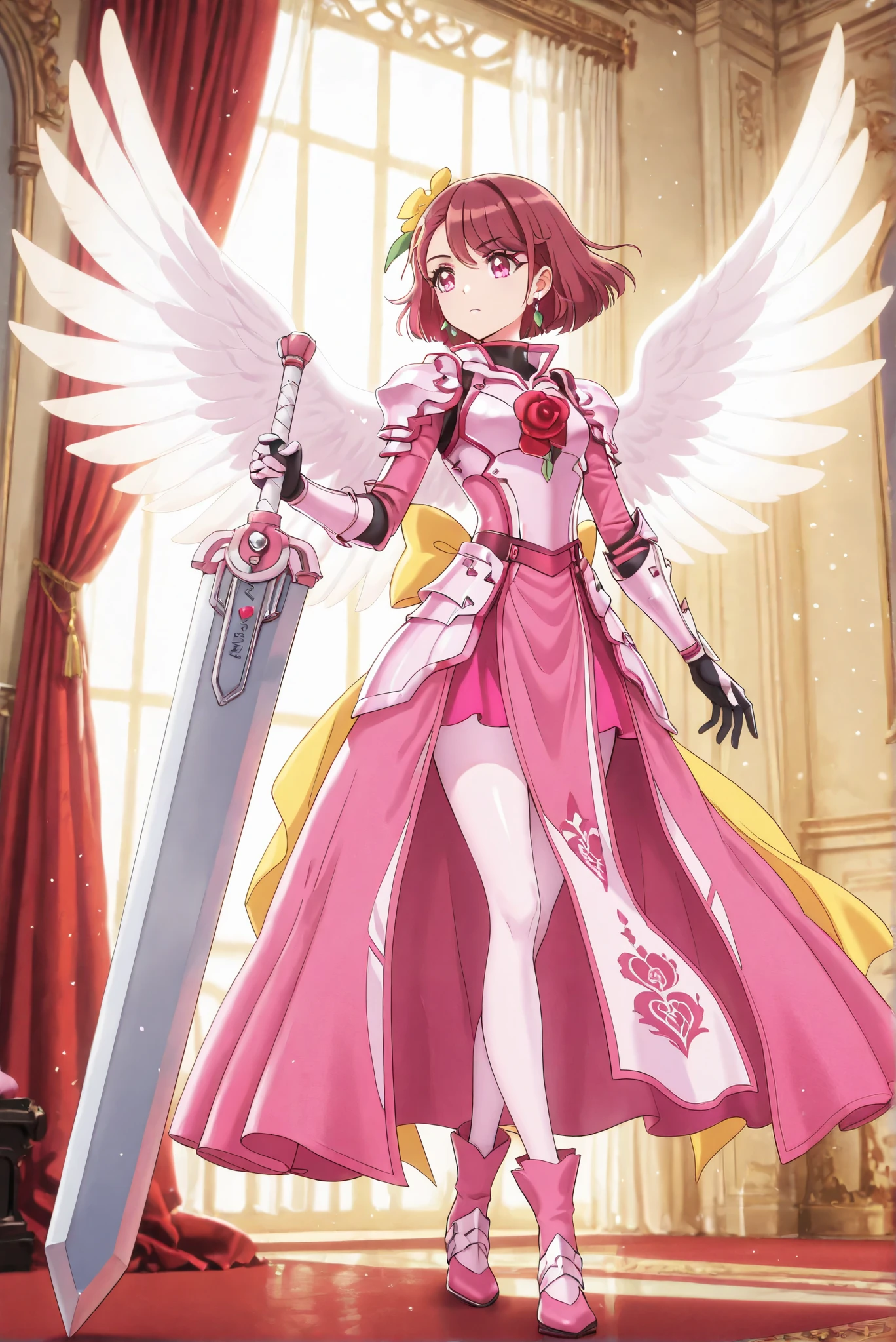 dynamic action,Alone,masterpiece, Very Beautiful,def,change,shiny pink dress,short hair,brown hair),(grace_final,red hair,long hair,very long hair,shiny hair,pink eyes,yellow hair flower,red heart jewelry,earrings,shiny,pink long_sleeves,red rose,pink dress,yellow back bow,angel Wings,Wings,pink footwear, courage_armor, 黑色armor, 全身armor, 龍殺手之sword-II.v1.0, holding - dragon slayer, Giant Weapon, sword, holding sword, Handheld,holy light armor,ruanyi0847,bodysuit,breast curtains,dress,pantyhose,pelvic curtain