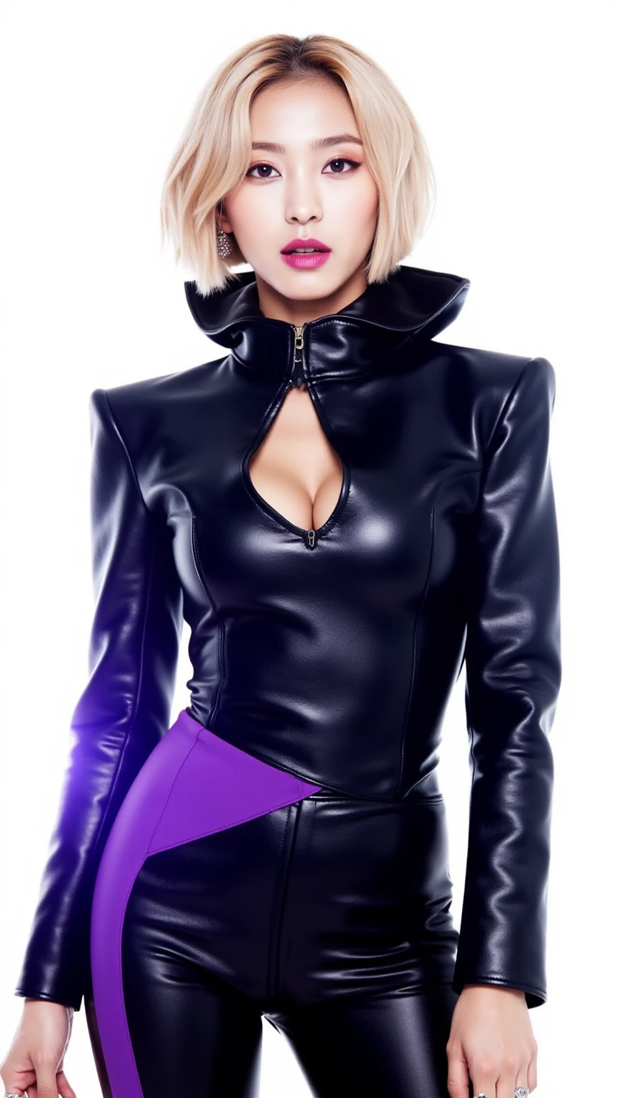 (8K, RAW Photos, Top Quality, Masterpiece: 1.2), (Realistic, Photorealistic: 1.37), (Kpop Idol), (aegyo sal:1), Cute, Professional Lighting, Photon Mapping, Radiosity, Physically Based Rendering, Cosplay, Lucy (Cyberpunk), Bob Cut, Mechanical Parts, Gray Eye, black tight suit, cyberpunk city black pants, night, neon lights, sexy, smoke, watch viewer, 8k high resolution, 8k, cg wallpaper, realistic background, clear background, full body, big, micro bikini