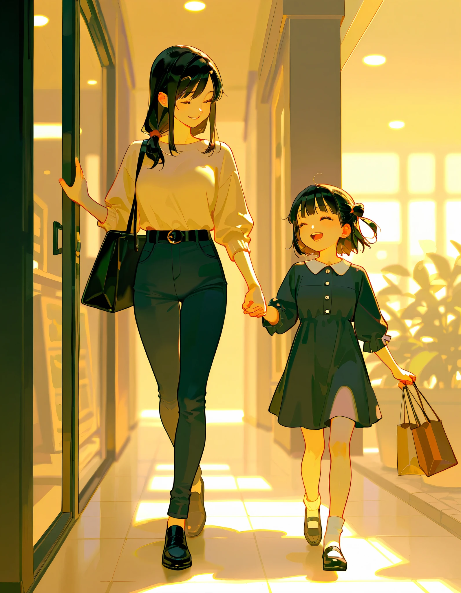 best quality, high detailed, two woman, date, shopping, Walking, hand in hand, smile, joyful, love, 2025s, (cool adult girl and cute small girl), downtown
