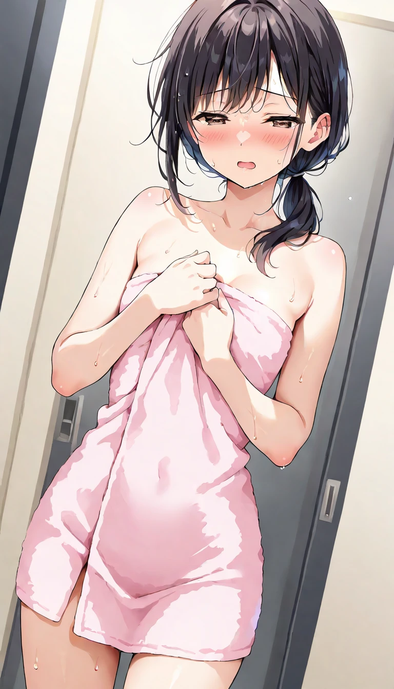 Animation,flat 2d,Fullbody,image video,Detailed face,(adult game cg,BISHOP:1.5),Braided bob cut,black hair,,sunburned skin,shiny skin,oiled skin,in front of shower room,(pink mesh camisole:1.2),(embarrassed expression:1.1),open mouth,Looking at viewer,(flat chest:1.3),learning forward